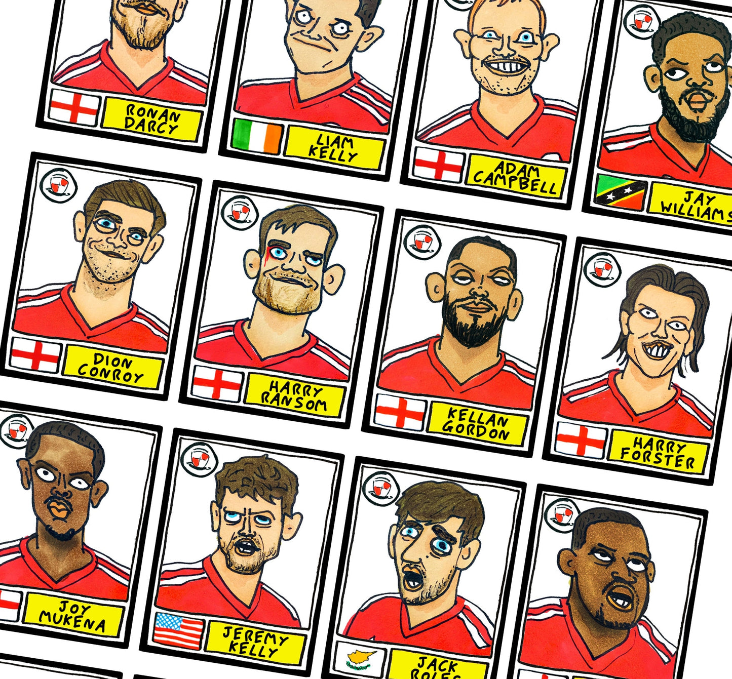 Crawley Town - No Score Draws Red Devils Edition - A3 print of 24 hand-drawn Wonky Panini-style Doodles Of CTFC's 23-24 Promotion Winners