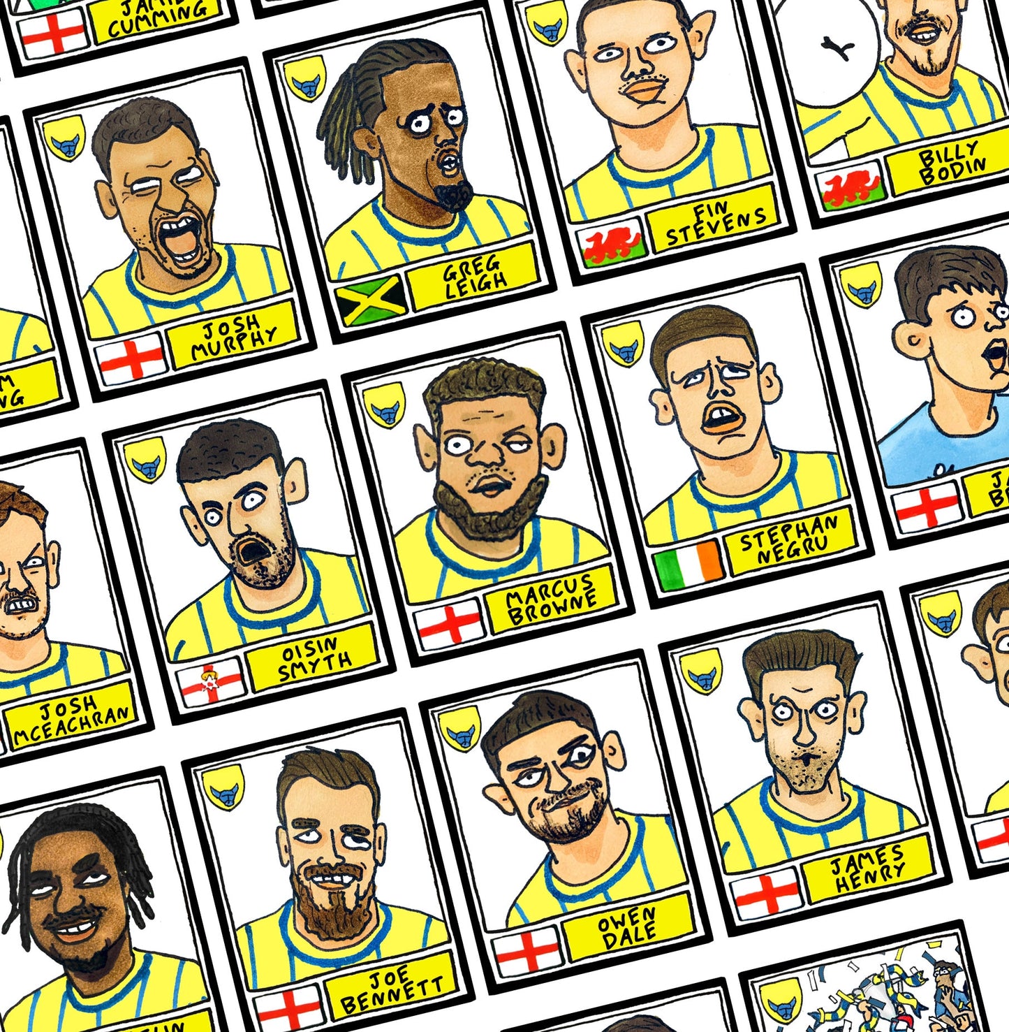 Oxford United Vol 2 - No Score Draws Yellows Going Up Edition - A3 print of 26 hand-drawn Wonky Panini-Doodles Of OUFC's 23-24 Playoff Side