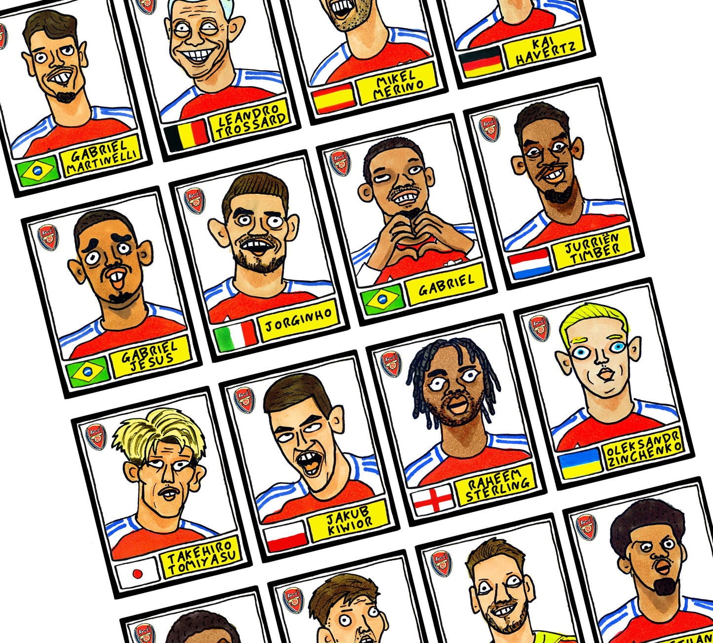 Arsenal Vol 4 - No Score Draws Gunners 24/25 Edition - A3 print of 24 hand-drawn Panini-style wonky doodles of Arteta's Arsenal 24/25 Team
