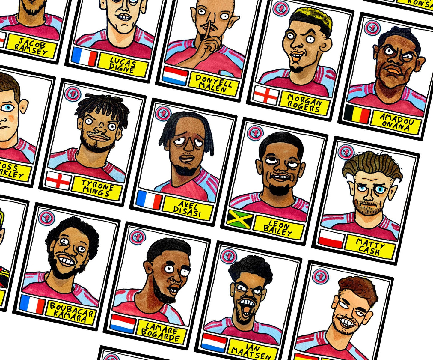 Aston Villa 24-25 - No Score Draws Emery 24-25 Edition - A3 print of 25 Wonky Panini-style football doodles of Unai Emery's 24-25 AVFC Side