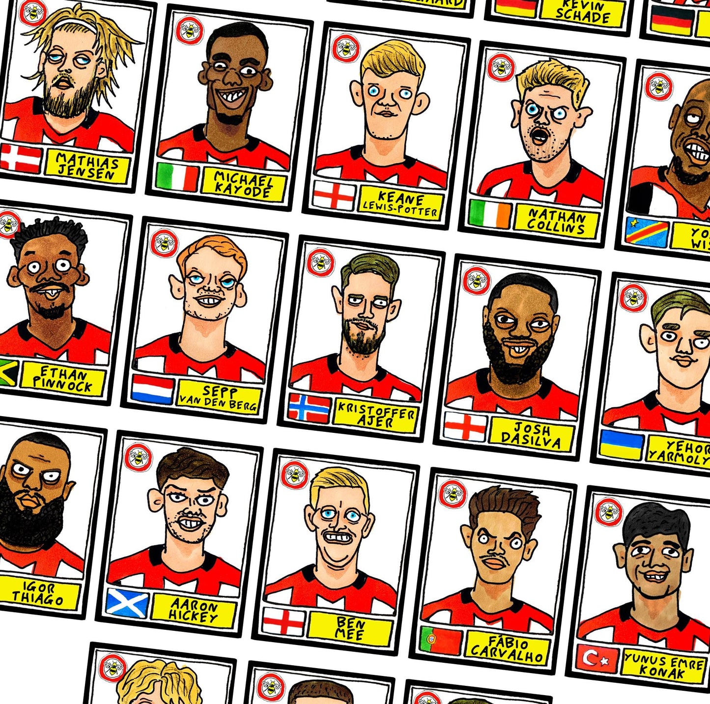 Brentford Vol 3 - No Score Draws Bees 24/25 Edition - A3 print of 25 hand-drawn Panini-style Doodles Of Thomas Frank's Brentford 24/25 Squad