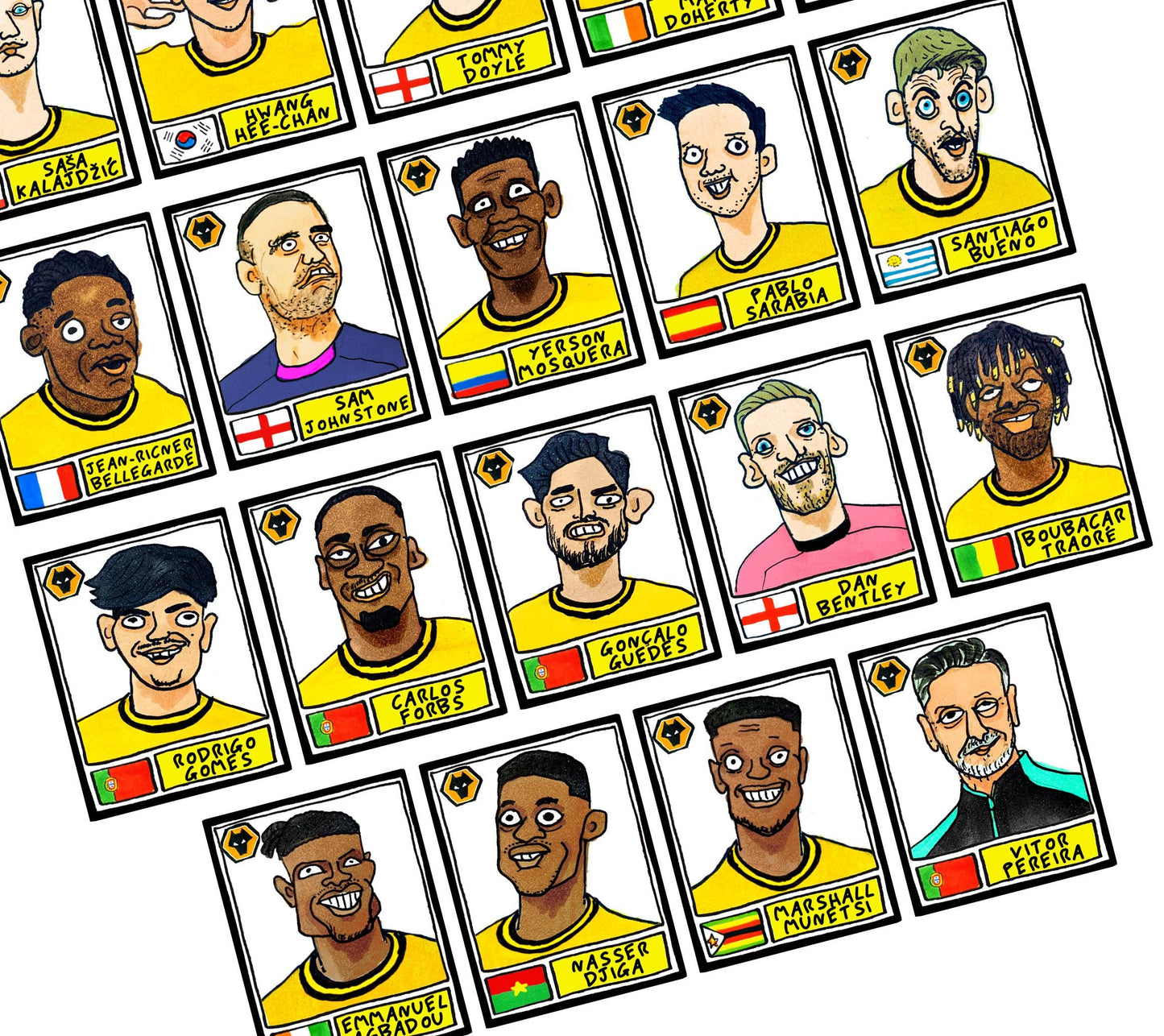 Wolves Vol 3 - No Score Draws Old Gold 24-25 Edition - A3 print of 25 hand-drawn wonky Panini-style Doodles Of Gary O'Neil's 24-25 Wolves
