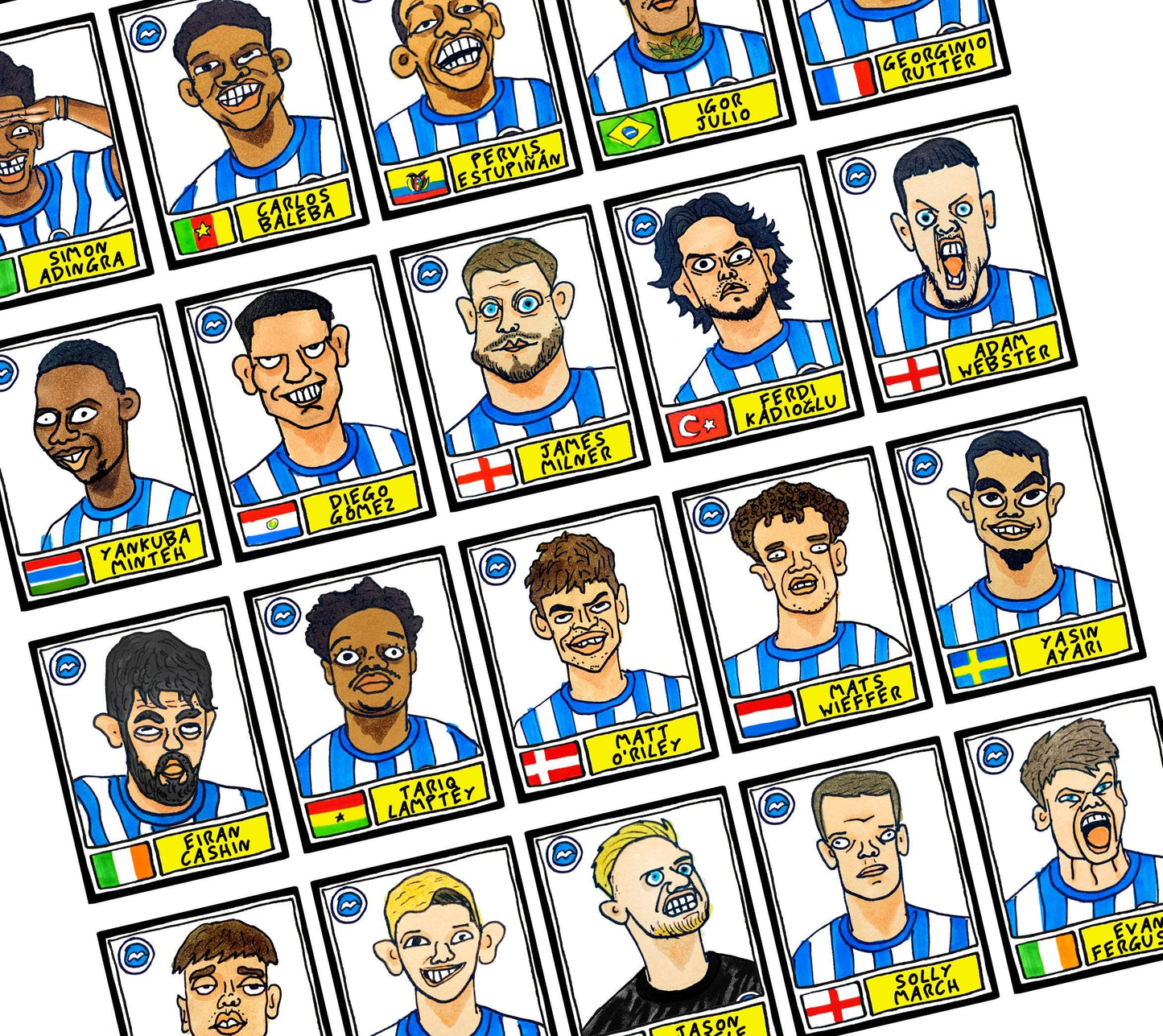 Brighton Vol 3 - No Score Draw Seagulls 24/25 Edition - A3 print of 28 hand-drawn Panini-style wonky doodles of Hurzeler's 24/25 BHAFC Team