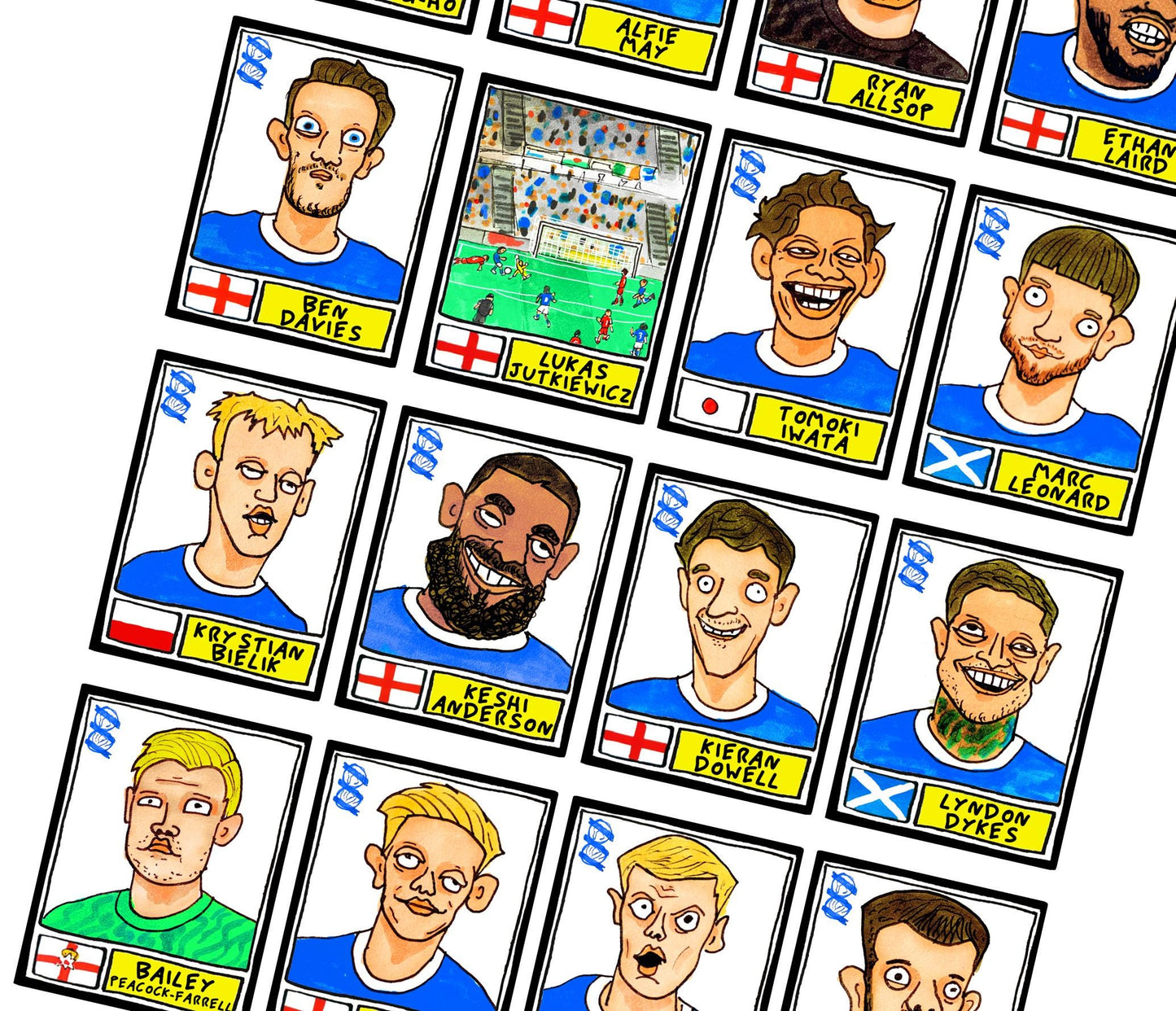 Birmingham City Vol 2 - No Score Draws Blues 24/25 Edition - A3 print of 24 hand-drawn Panini-Doodles Of BCFC's 24/25 League One Champions