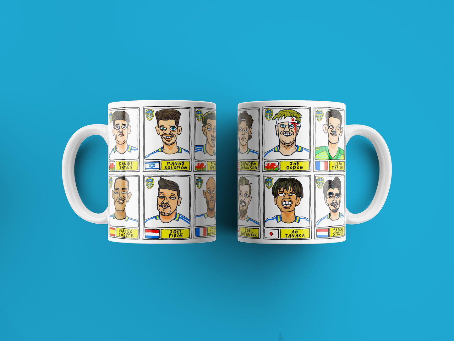 Leeds United Vol 4 No Score Draws Mug Set - Set of TWO 11oz Ceramic Mugs with Wonky Panini-Doodles Of LUFC's 24/25 Promotion Winning Squad
