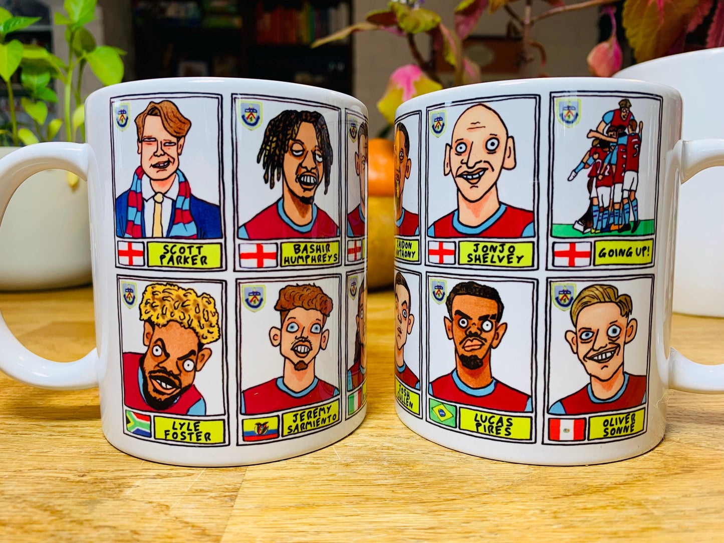 Burnley Vol 3 No Score Draws Mug Set - Set of TWO DIFFFERENT 11oz Ceramic Mugs with Wonky Panini-Doodles Of Burnley's 24/25 Promotion Squad