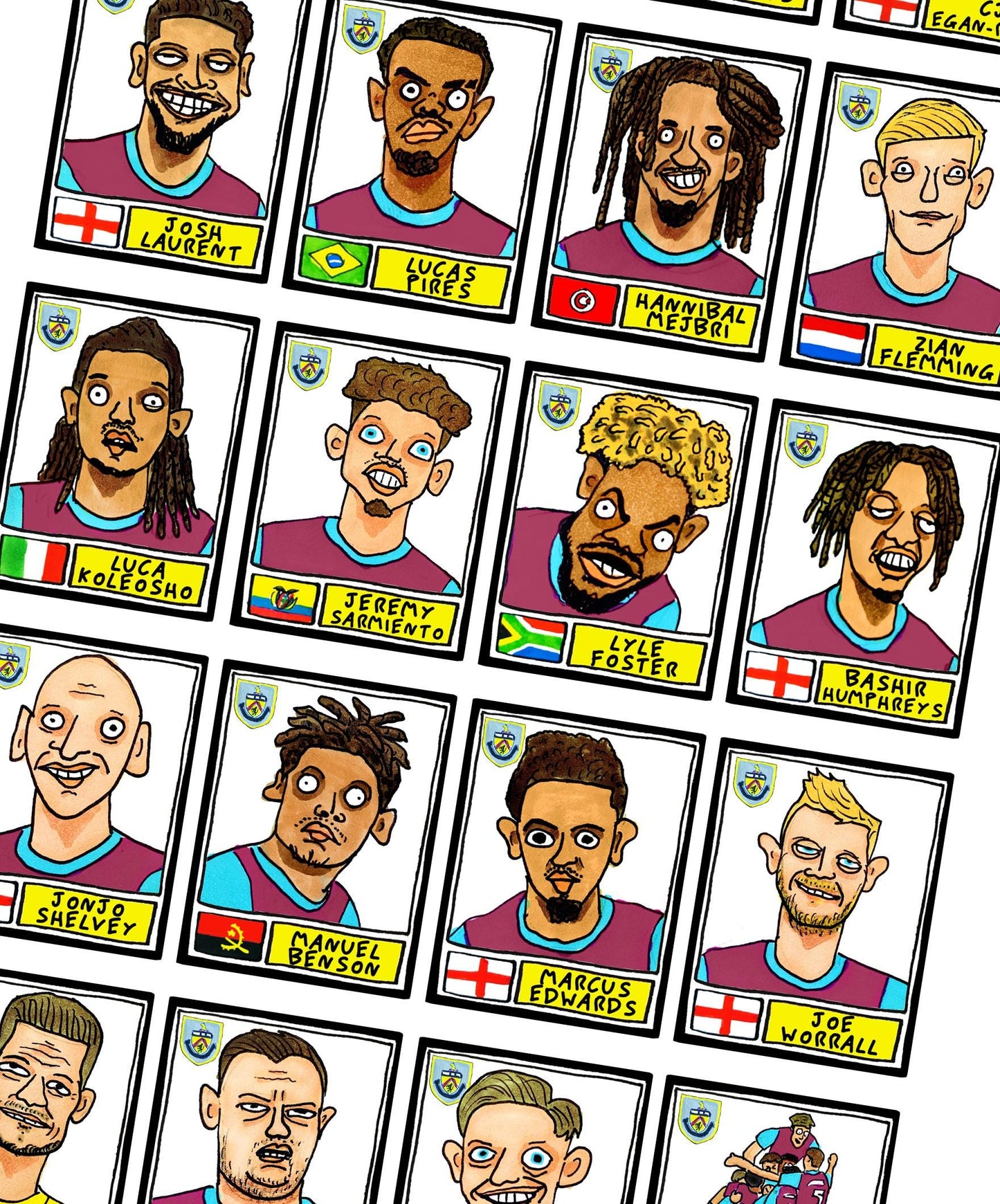 Burnley Volume 3 - No Score Draws Clarets 24/25 Edition - A3 print of 24 hand-drawn Panini-doodles Of Scott Parkers BFC Promotion-Winners