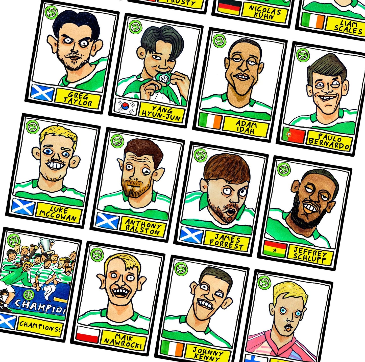 Celtic Vol 4 - No Score Draws Bhoys 24-25 Edition - A3 print of 24 hand-drawn Panini-style Doodles of Brendan Rogers 24-25 SPL Champions