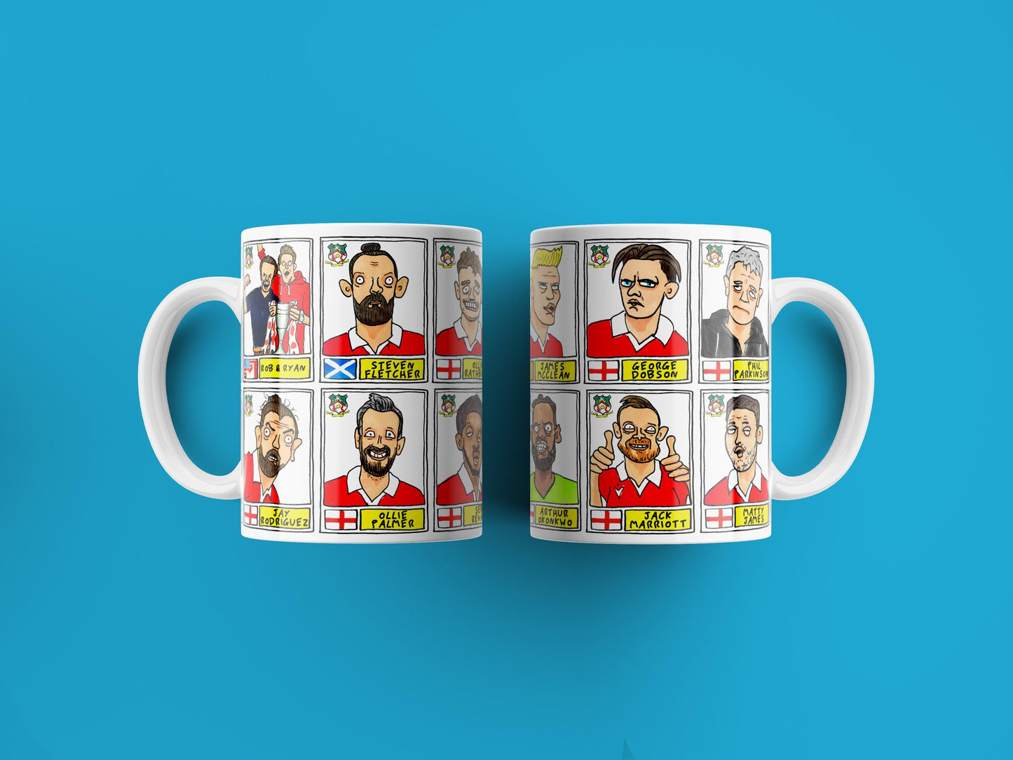 Wrexham Vol 4 No Score Draws Mug Set - Set of TWO DIFFERENT 11oz Ceramic Mugs with Wonky Panini-Doodles Of WFC's 24/25 Promotion Squad