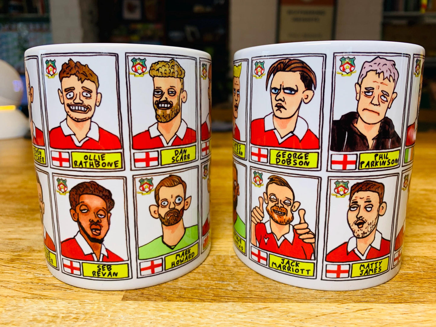 Wrexham Vol 4 No Score Draws Mug Set - Set of TWO DIFFERENT 11oz Ceramic Mugs with Wonky Panini-Doodles Of WFC's 24/25 Promotion Squad