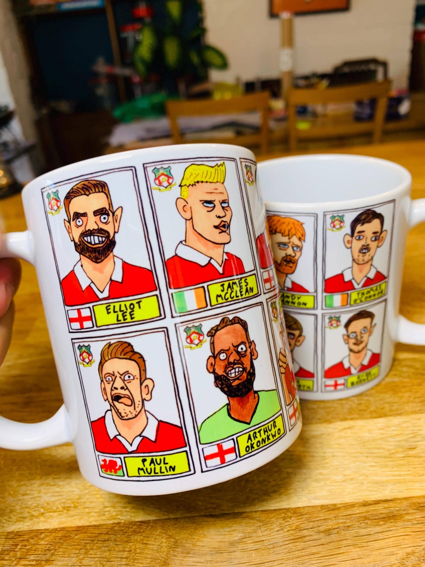 Wrexham Vol 4 No Score Draws Mug Set - Set of TWO DIFFERENT 11oz Ceramic Mugs with Wonky Panini-Doodles Of WFC's 24/25 Promotion Squad