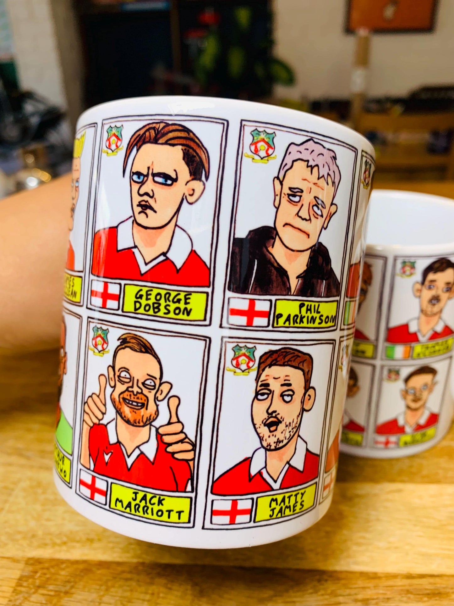 Wrexham Vol 4 No Score Draws Mug Set - Set of TWO DIFFERENT 11oz Ceramic Mugs with Wonky Panini-Doodles Of WFC's 24/25 Promotion Squad