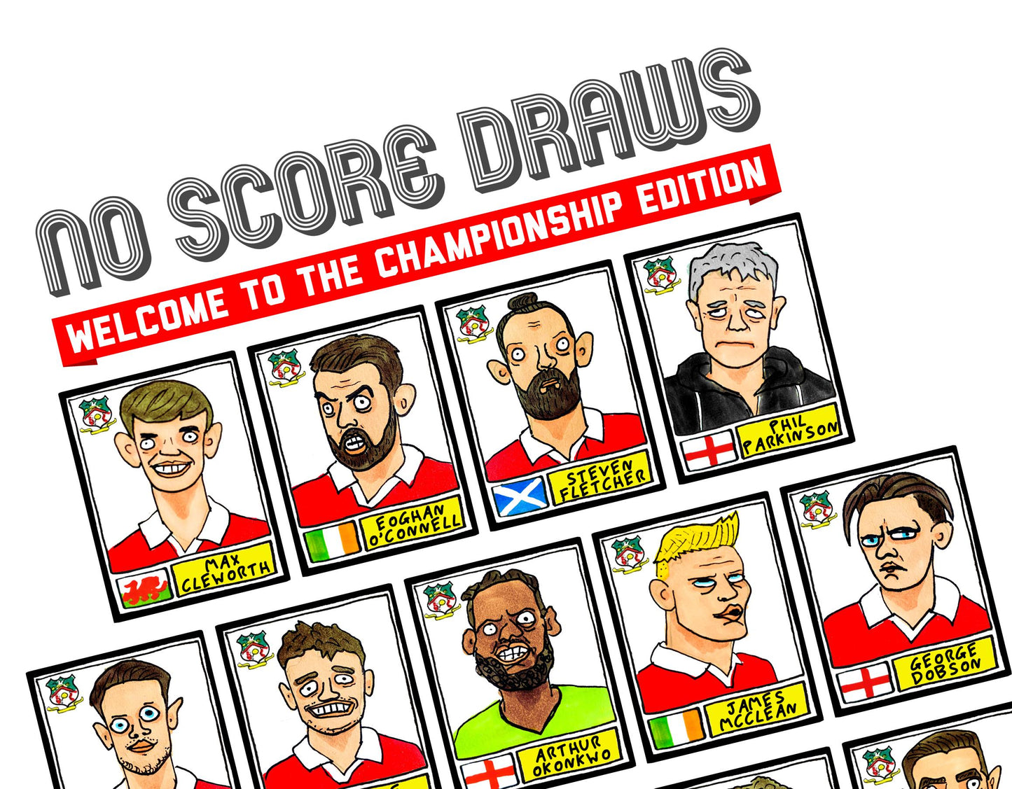 Wrexham Vol 4 - No Score Draws Welcome To The Championship Edition - A3 print of 24 hand-drawn Panini-doodles Of WFC's 24/25 Promotion Squad