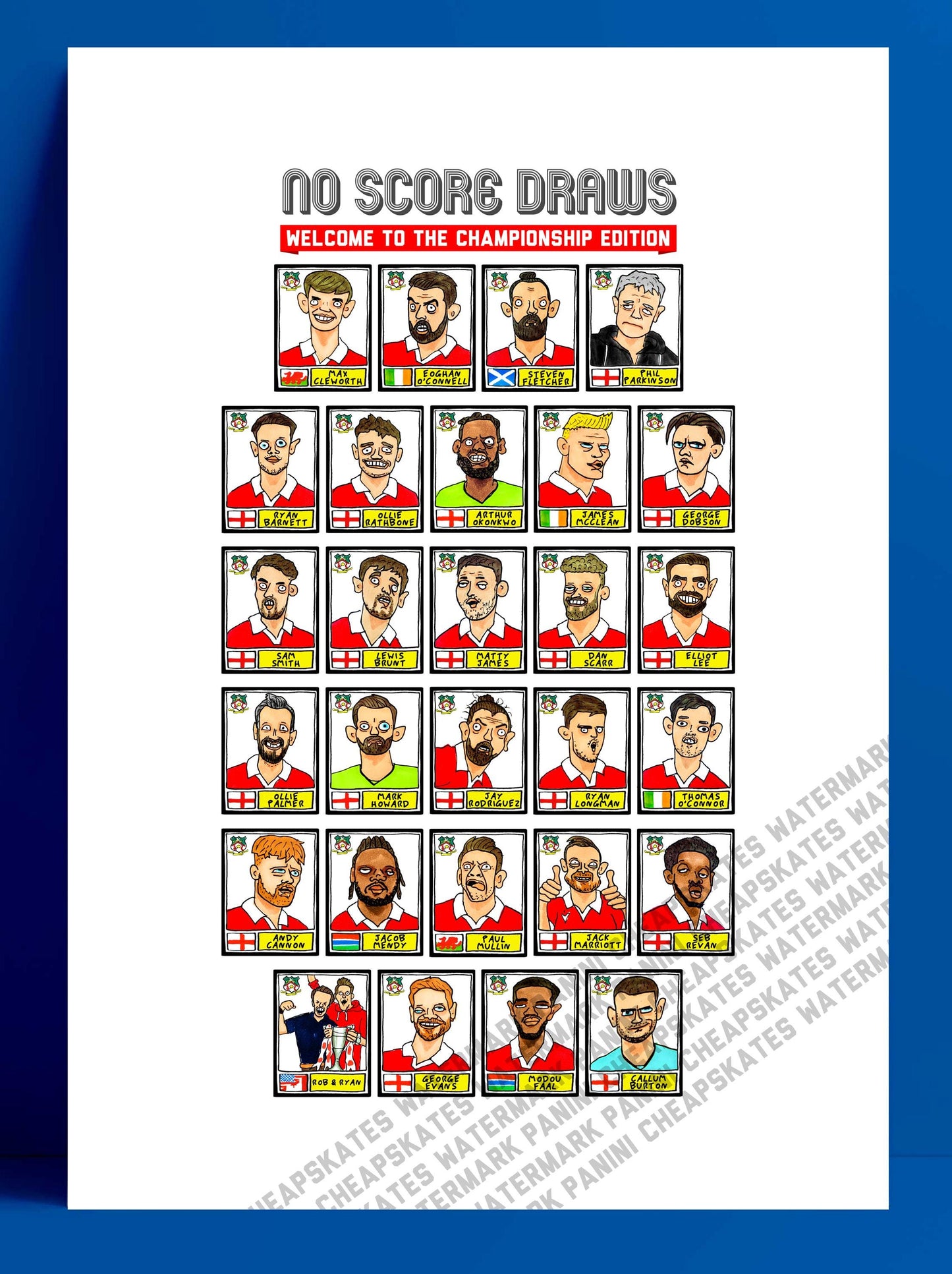 Wrexham Vol 4 - No Score Draws Welcome To The Championship Edition - A3 print of 24 hand-drawn Panini-doodles Of WFC's 24/25 Promotion Squad