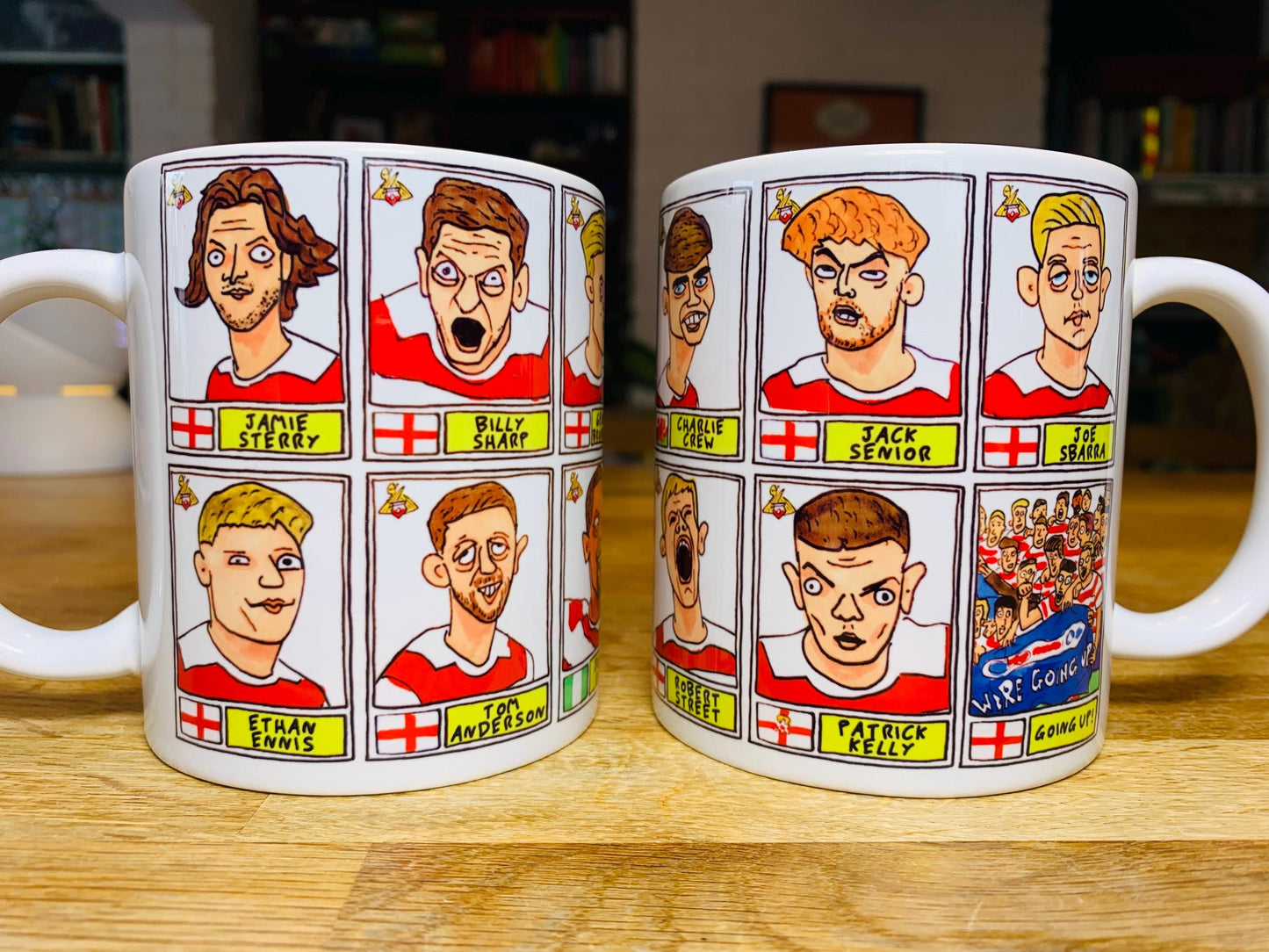 Doncaster Rovers No Score Draws Mug Set - Set of TWO DIFFERENT 11oz Ceramic Mugs with Wonky Panini-Doodles Of DRFC's 24/25 Promotion Squad