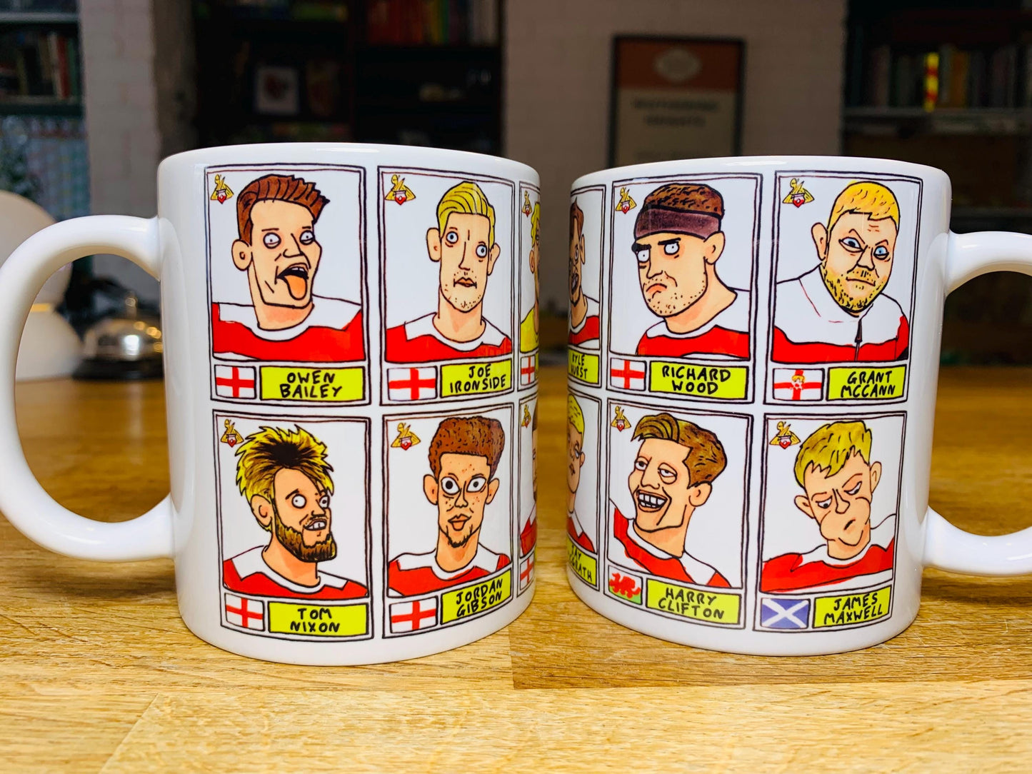 Doncaster Rovers No Score Draws Mug Set - Set of TWO DIFFERENT 11oz Ceramic Mugs with Wonky Panini-Doodles Of DRFC's 24/25 Promotion Squad
