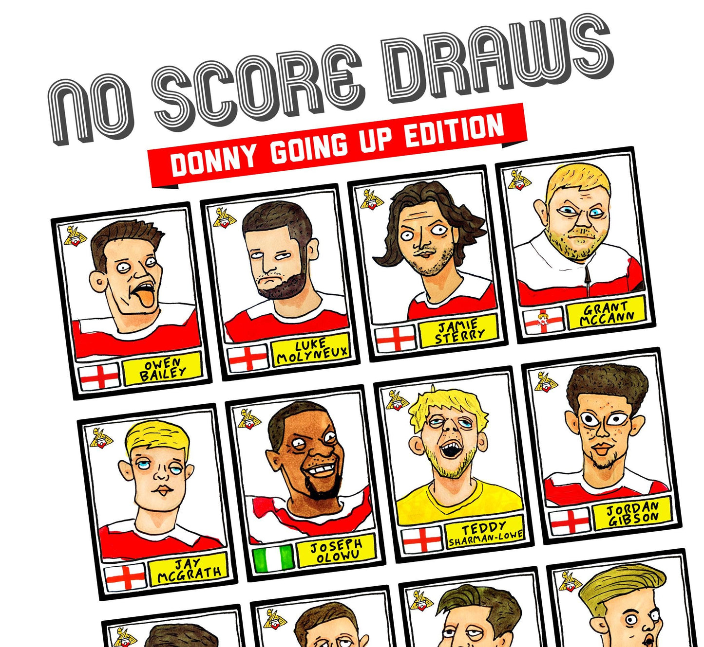 Doncaster Rovers - No Score Draws Donny Going Up Edition - A3 print of 24 hand-drawn Panini-doodles Of DRFC's 24/25 Promotion Squad