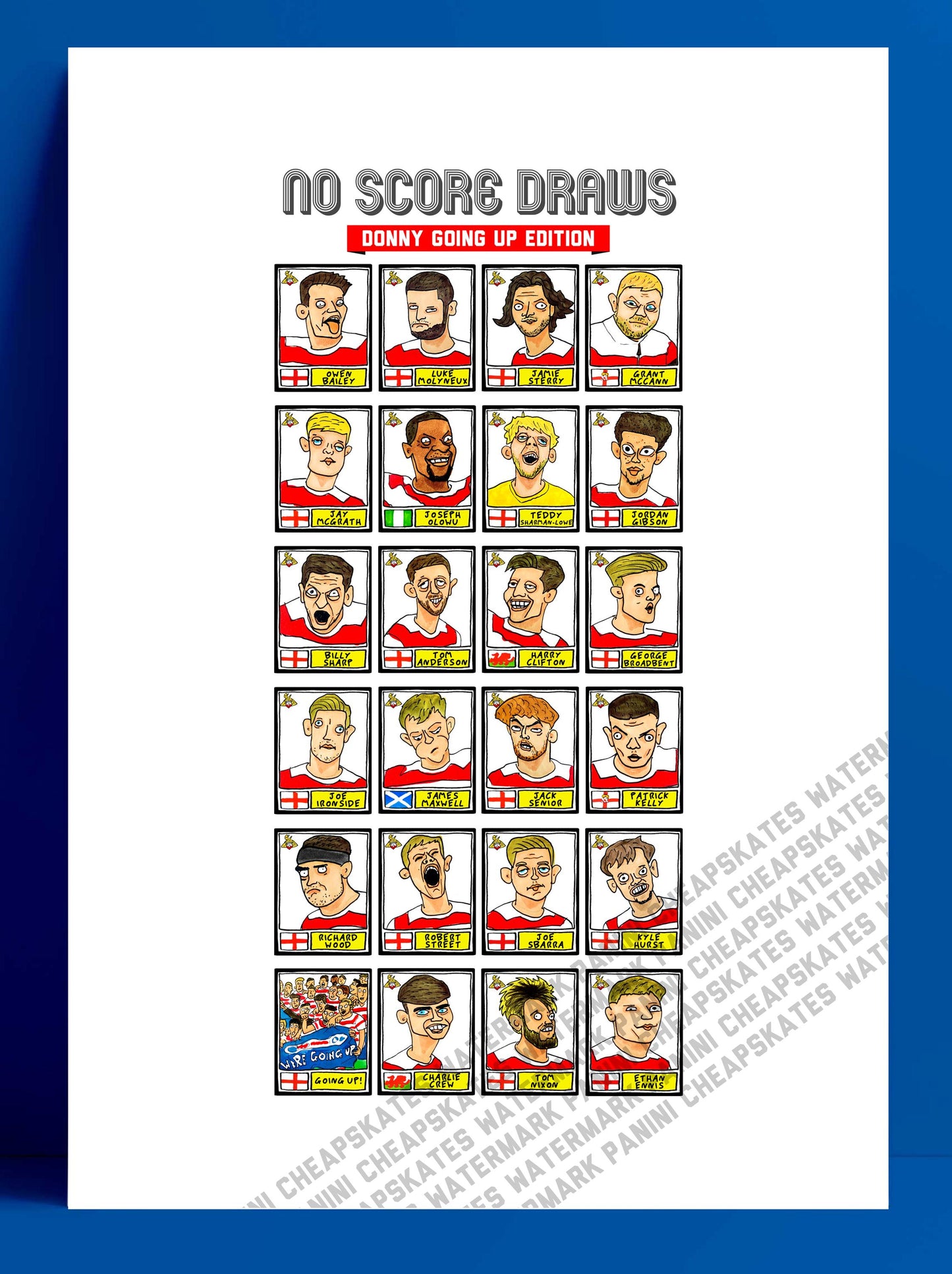 Doncaster Rovers - No Score Draws Donny Going Up Edition - A3 print of 24 hand-drawn Panini-doodles Of DRFC's 24/25 Promotion Squad