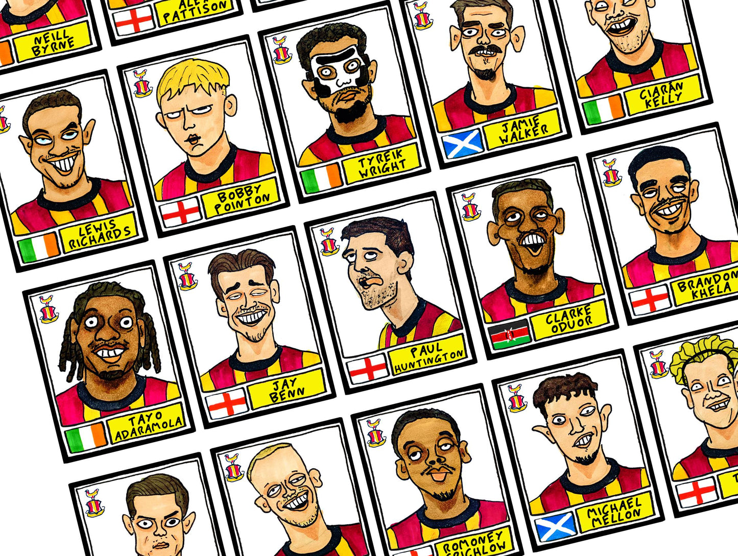 Bradford City Vol 2 - No Score Draws Bantams Going Up Edition - A3 print of 26 hand-drawn Panini-doodles Of BCFC's 24/25 Promotion Squad