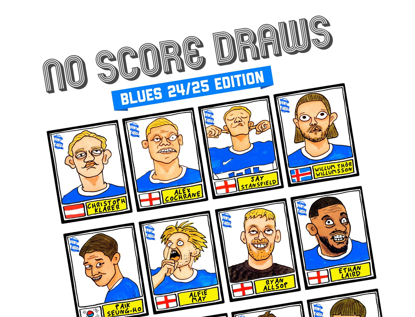 Birmingham City Vol 2 - No Score Draws Blues 24/25 Edition - A3 print of 24 hand-drawn Panini-Doodles Of BCFC's 24/25 League One Champions