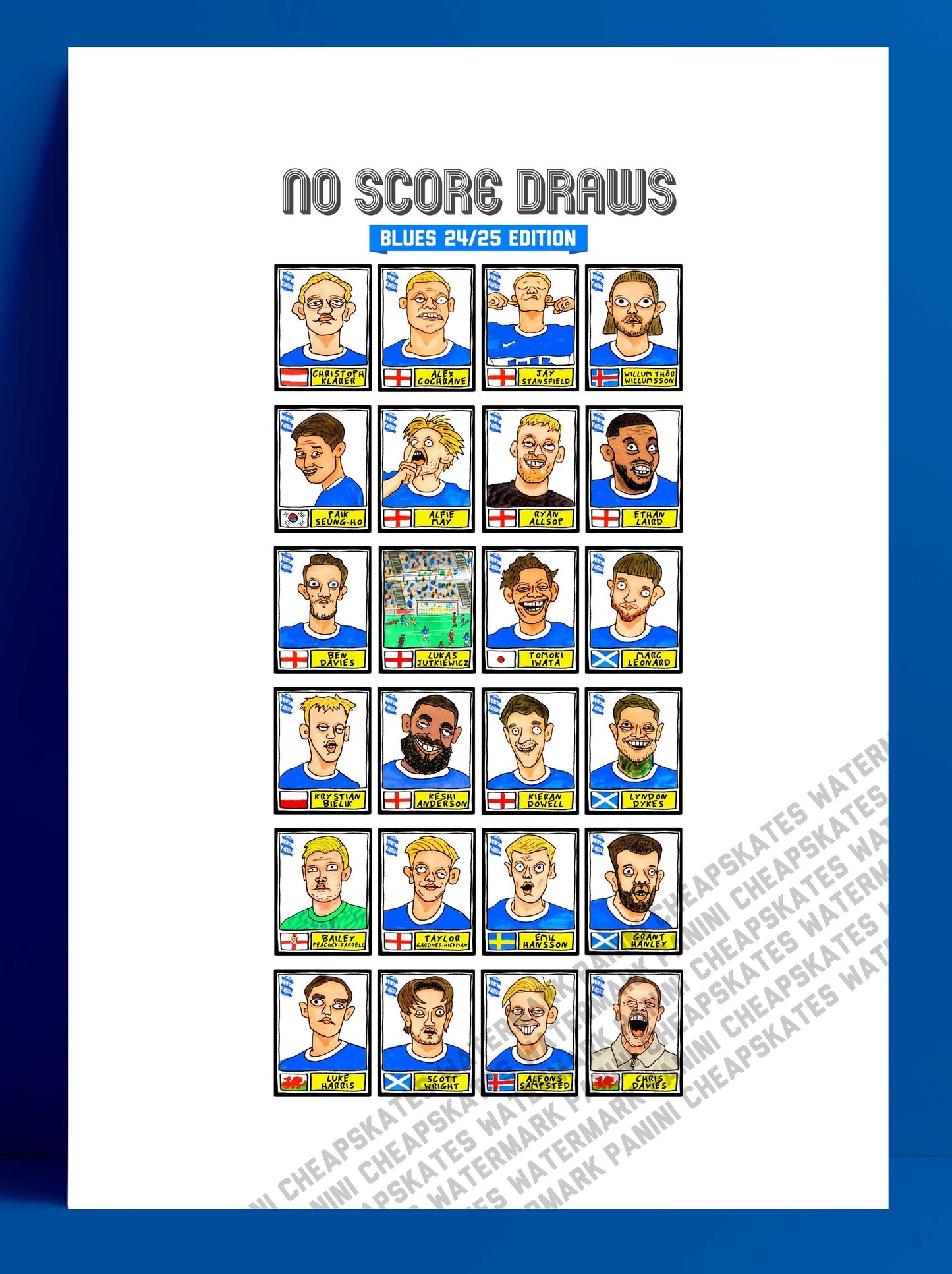 Birmingham City Vol 2 - No Score Draws Blues 24/25 Edition - A3 print of 24 hand-drawn Panini-Doodles Of BCFC's 24/25 League One Champions