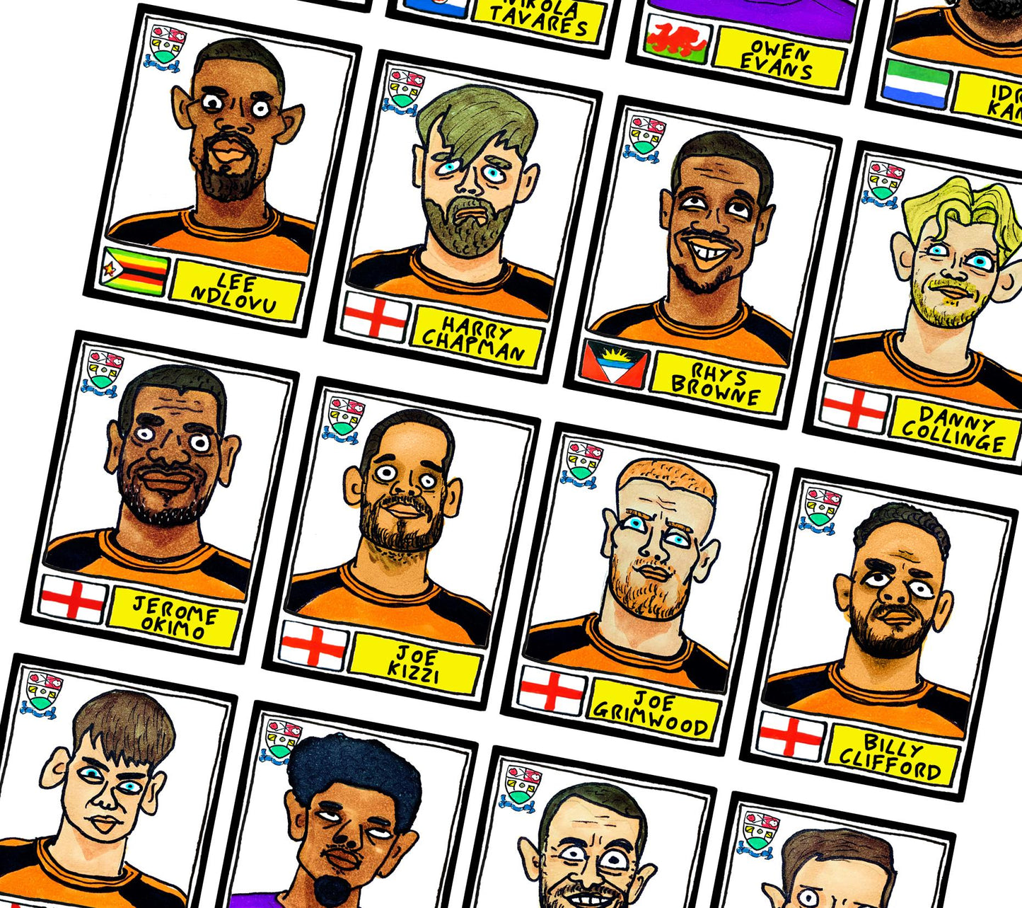 Barnet - No Score Draws The Hive Edition - A3 print of 24 Wonky Panini-style Doodles Of The Bees' 24/25 National League- Winning Squad