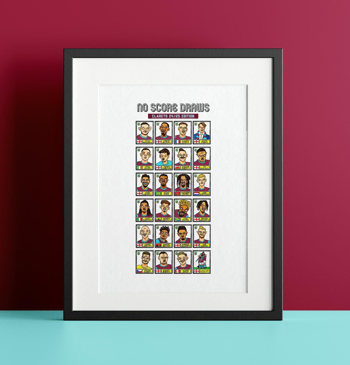 Burnley Volume 3 - No Score Draws Clarets 24/25 Edition - A3 print of 24 hand-drawn Panini-doodles Of Scott Parkers BFC Promotion-Winners