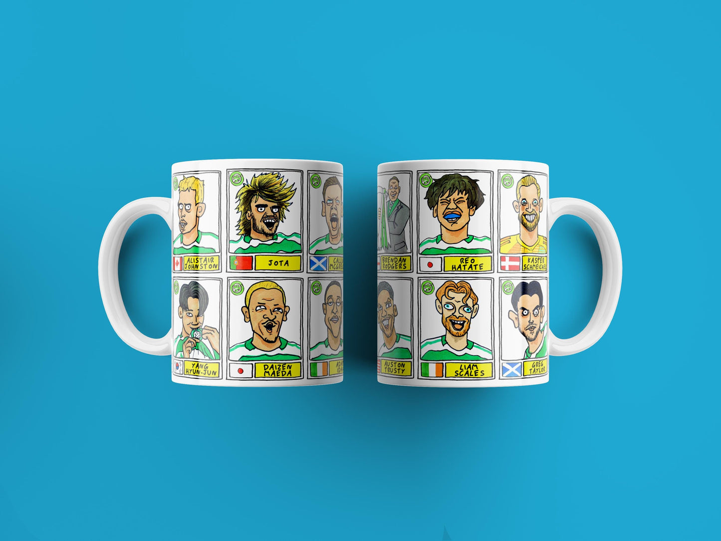 Celtic Vol 4 Champions 24-25 No Score Draws Mug Set - Set of TWO DIFFERENT 11oz Ceramic Mugs with 24 Wonky Panini-style Bhoys Doodles