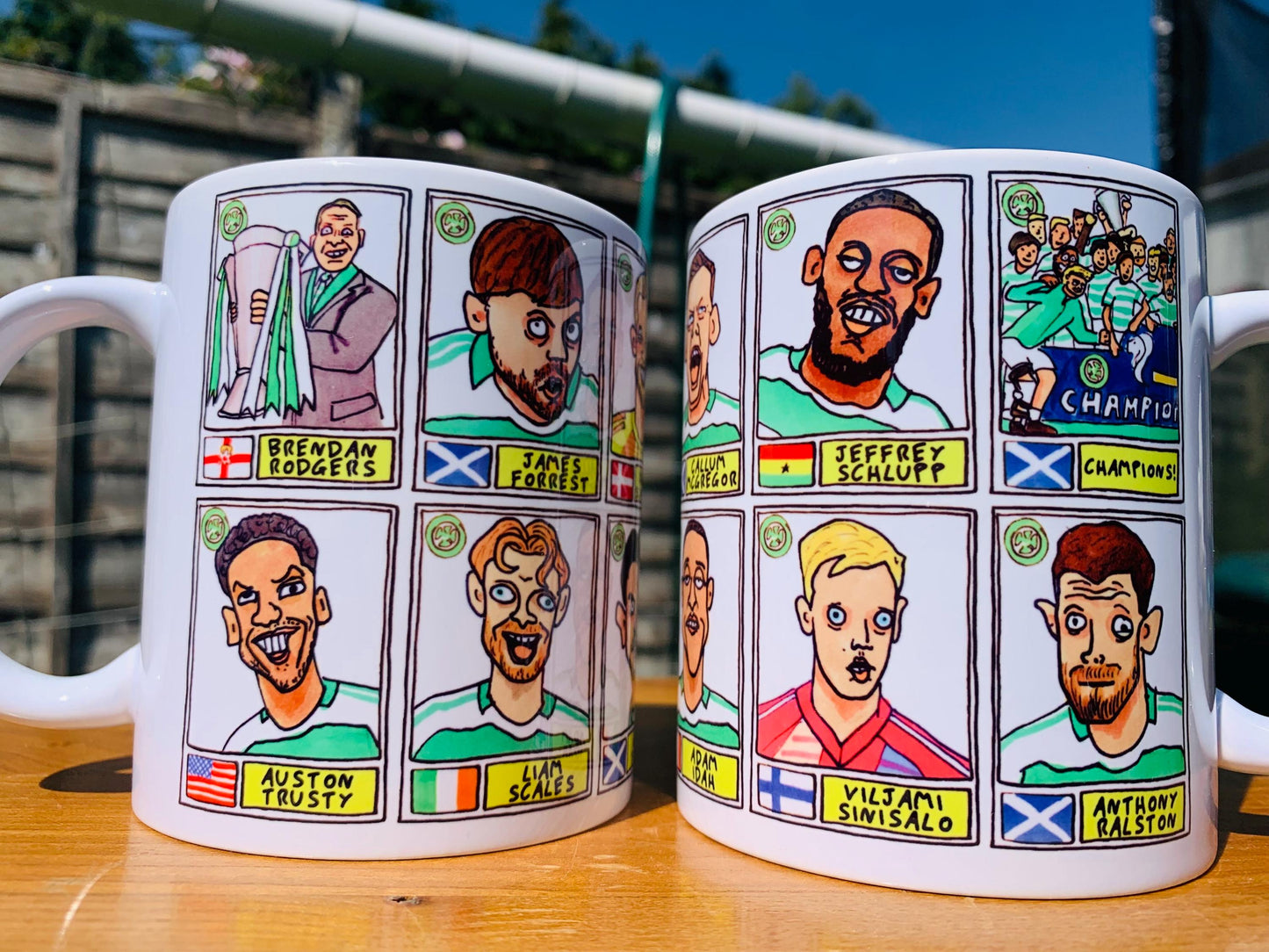 Celtic Vol 4 Champions 24-25 No Score Draws Mug Set - Set of TWO DIFFERENT 11oz Ceramic Mugs with 24 Wonky Panini-style Bhoys Doodles