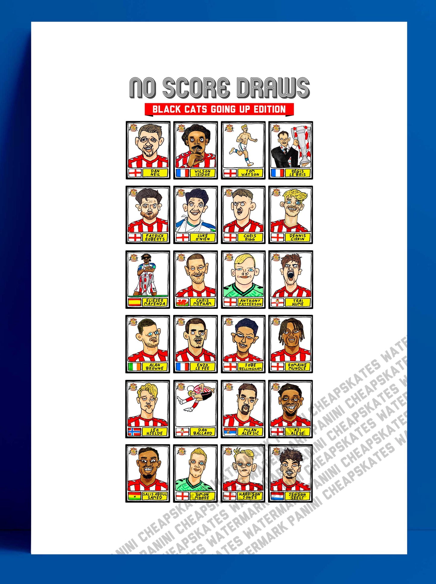 Sunderland Volume 4 - No Score Draws Going Up Edition - A3 print of 24 Wonky-Style Doodles Of SAFC's 24/25 Black Cats Promotion Winners