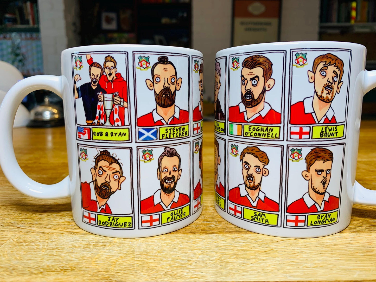 Wrexham Vol 4 No Score Draws Mug Set - Set of TWO DIFFERENT 11oz Ceramic Mugs with Wonky Panini-Doodles Of WFC's 24/25 Promotion Squad