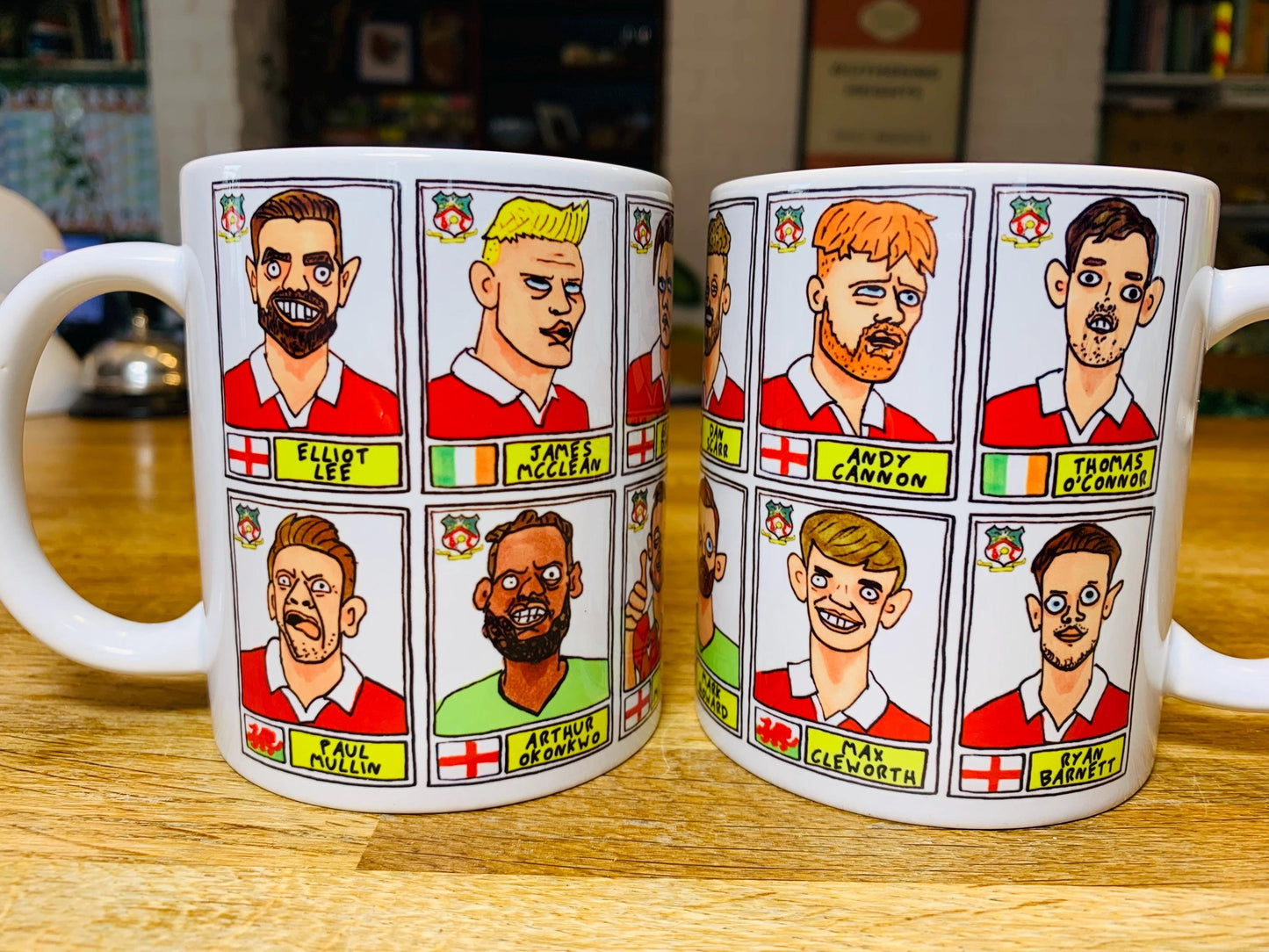 Wrexham Vol 4 No Score Draws Mug Set - Set of TWO DIFFERENT 11oz Ceramic Mugs with Wonky Panini-Doodles Of WFC's 24/25 Promotion Squad