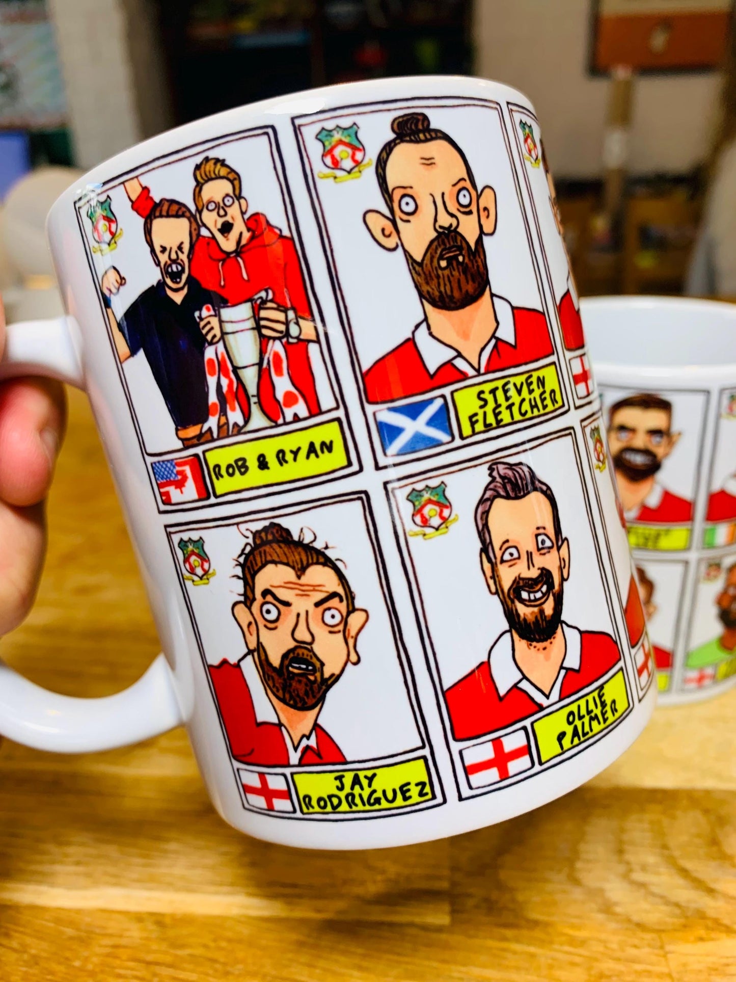 Wrexham Vol 4 No Score Draws Mug Set - Set of TWO DIFFERENT 11oz Ceramic Mugs with Wonky Panini-Doodles Of WFC's 24/25 Promotion Squad