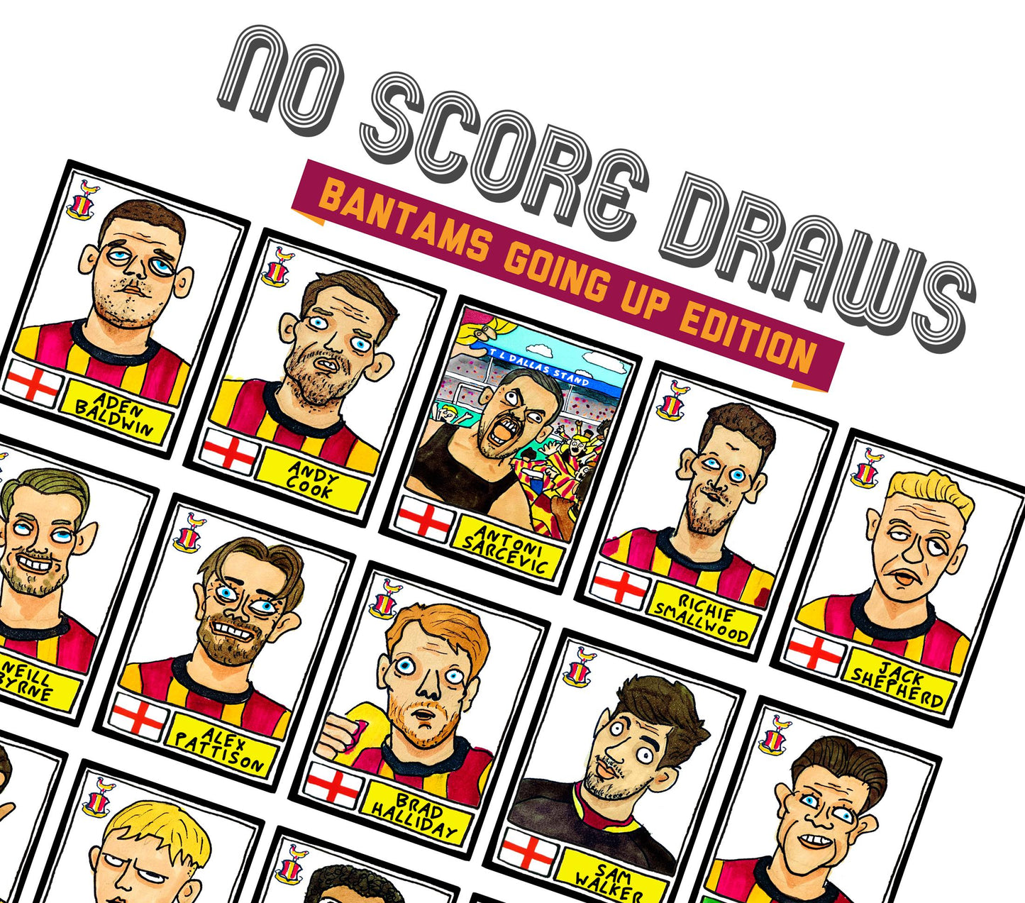 Bradford City Vol 2 - No Score Draws Bantams Going Up Edition - A3 print of 26 hand-drawn Panini-doodles Of BCFC's 24/25 Promotion Squad