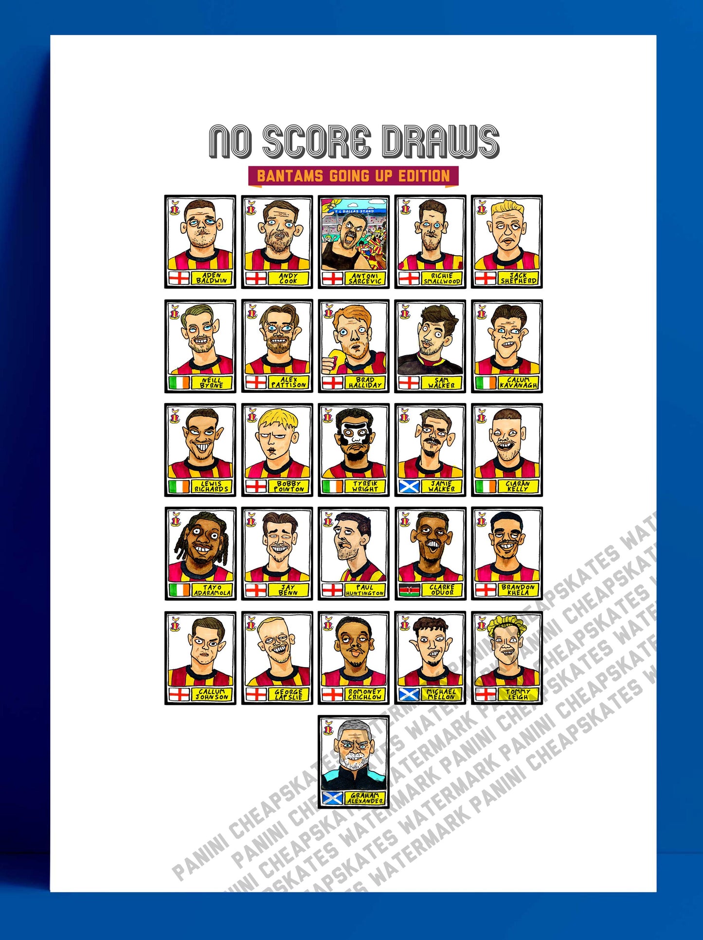Bradford City Vol 2 - No Score Draws Bantams Going Up Edition - A3 print of 26 hand-drawn Panini-doodles Of BCFC's 24/25 Promotion Squad