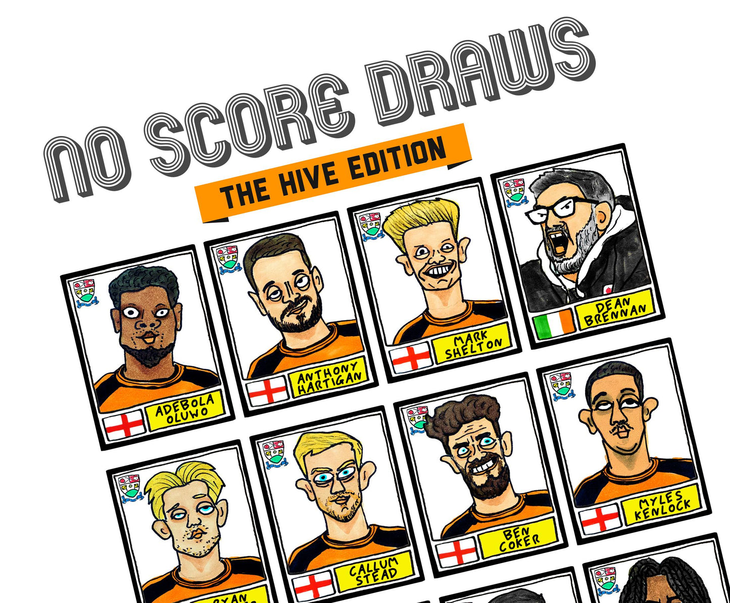 Barnet - No Score Draws The Hive Edition - A3 print of 24 Wonky Panini-style Doodles Of The Bees' 24/25 National League- Winning Squad