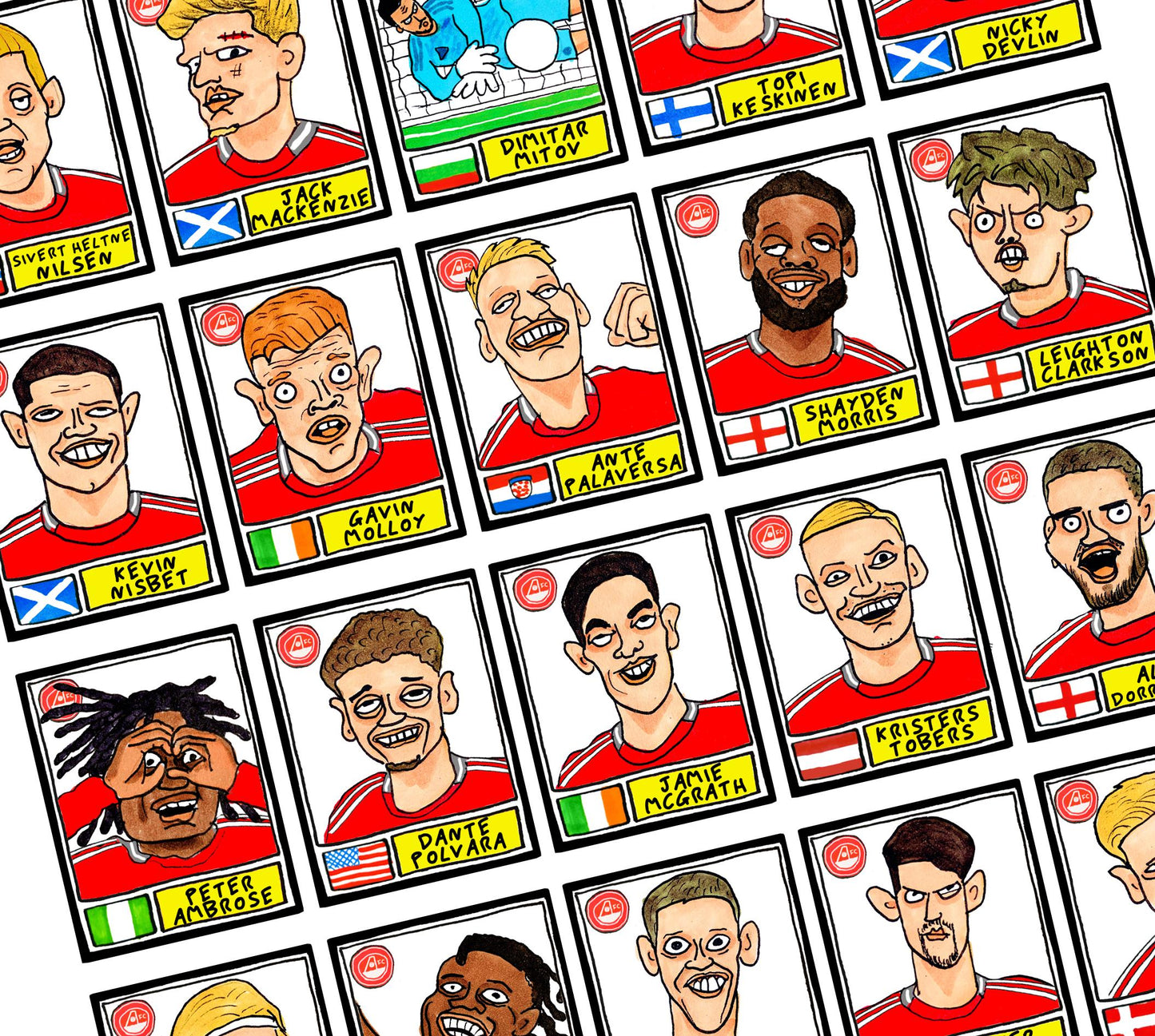 Aberdeen Vol 2 - No Score Draws Hampden '25 Edition - A3 print of 26 Wonky Panini-style doodles of Aberdeen 24-25 Scottish Cup Winners