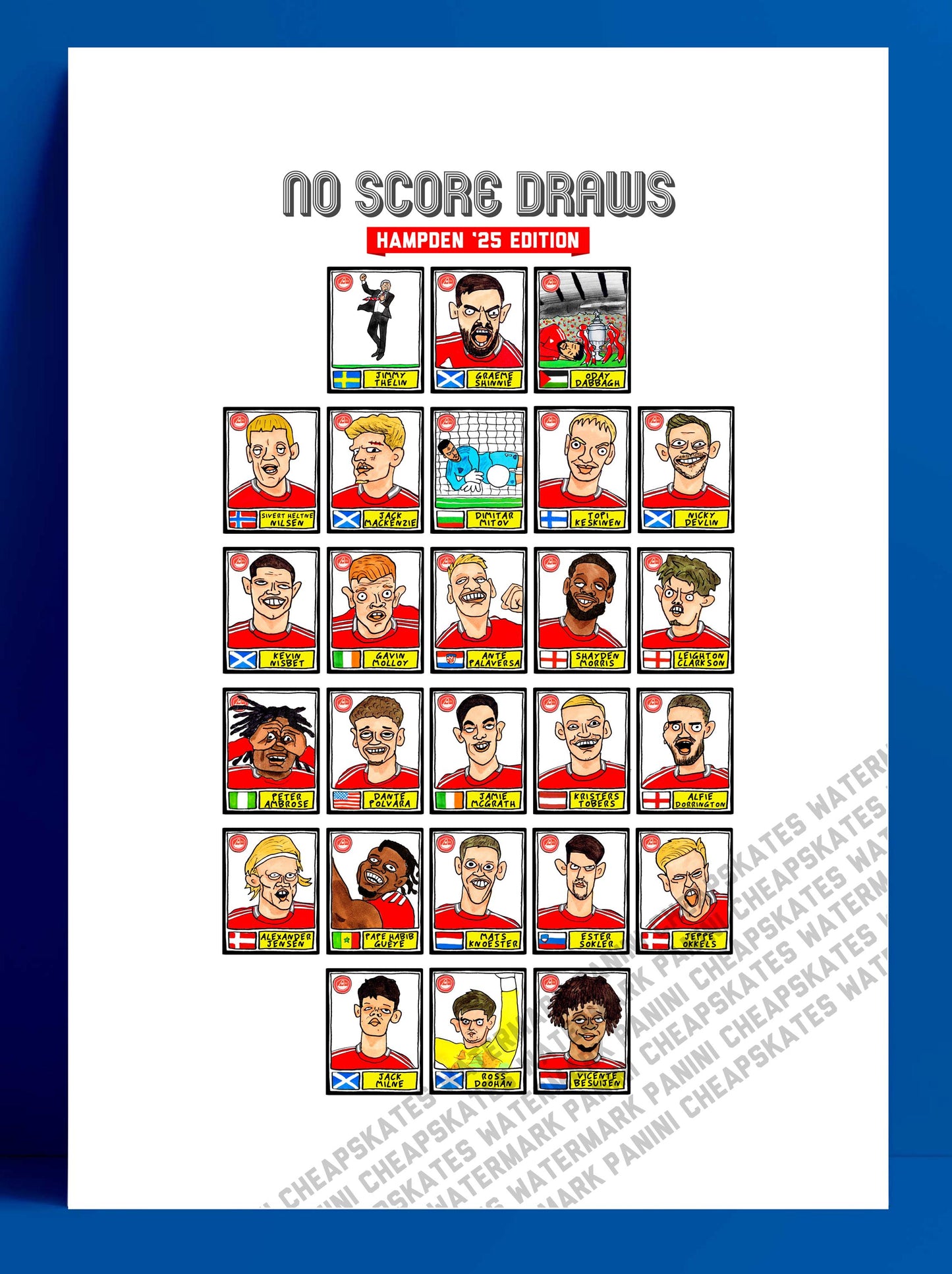 Aberdeen Vol 2 - No Score Draws Hampden '25 Edition - A3 print of 26 Wonky Panini-style doodles of Aberdeen 24-25 Scottish Cup Winners