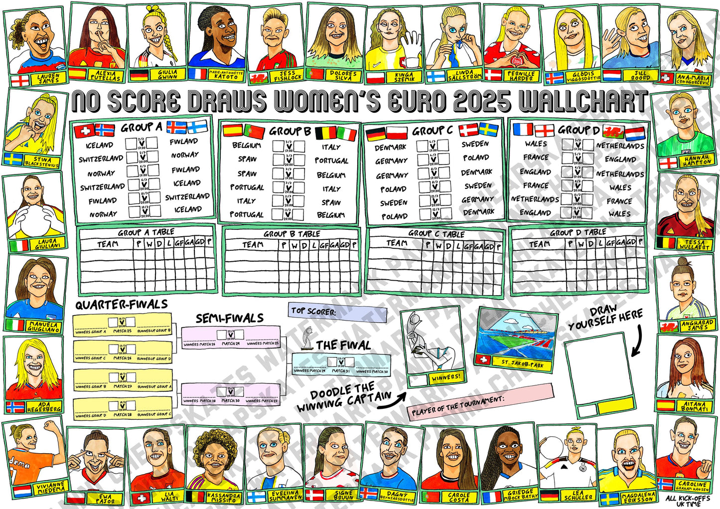 Euro 2024 Wallchart - A2 Poster No Score Draws Euro 2024 UEFA Euros Wall Chart -Featuring 32 Wonky Hand-Drawn Panini-style Euro2024 Doodles