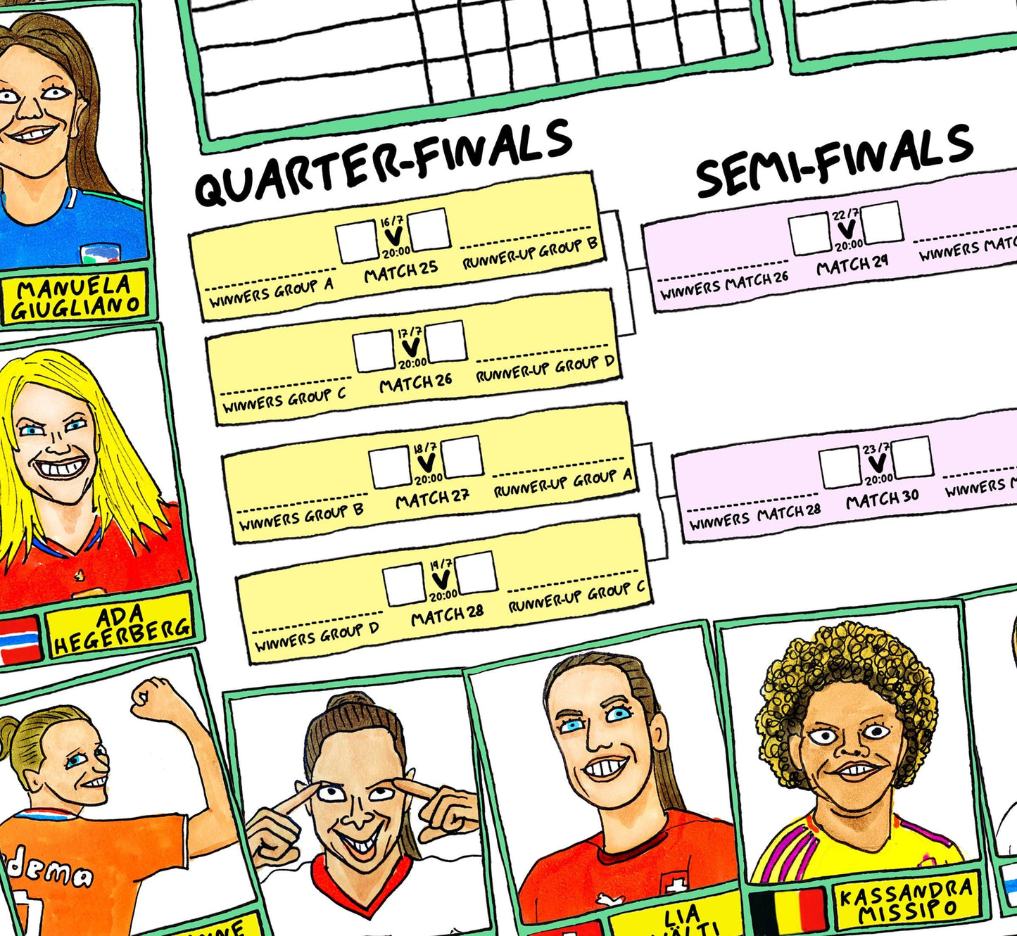 Euro 2024 Wallchart - A2 Poster No Score Draws Euro 2024 UEFA Euros Wall Chart -Featuring 32 Wonky Hand-Drawn Panini-style Euro2024 Doodles
