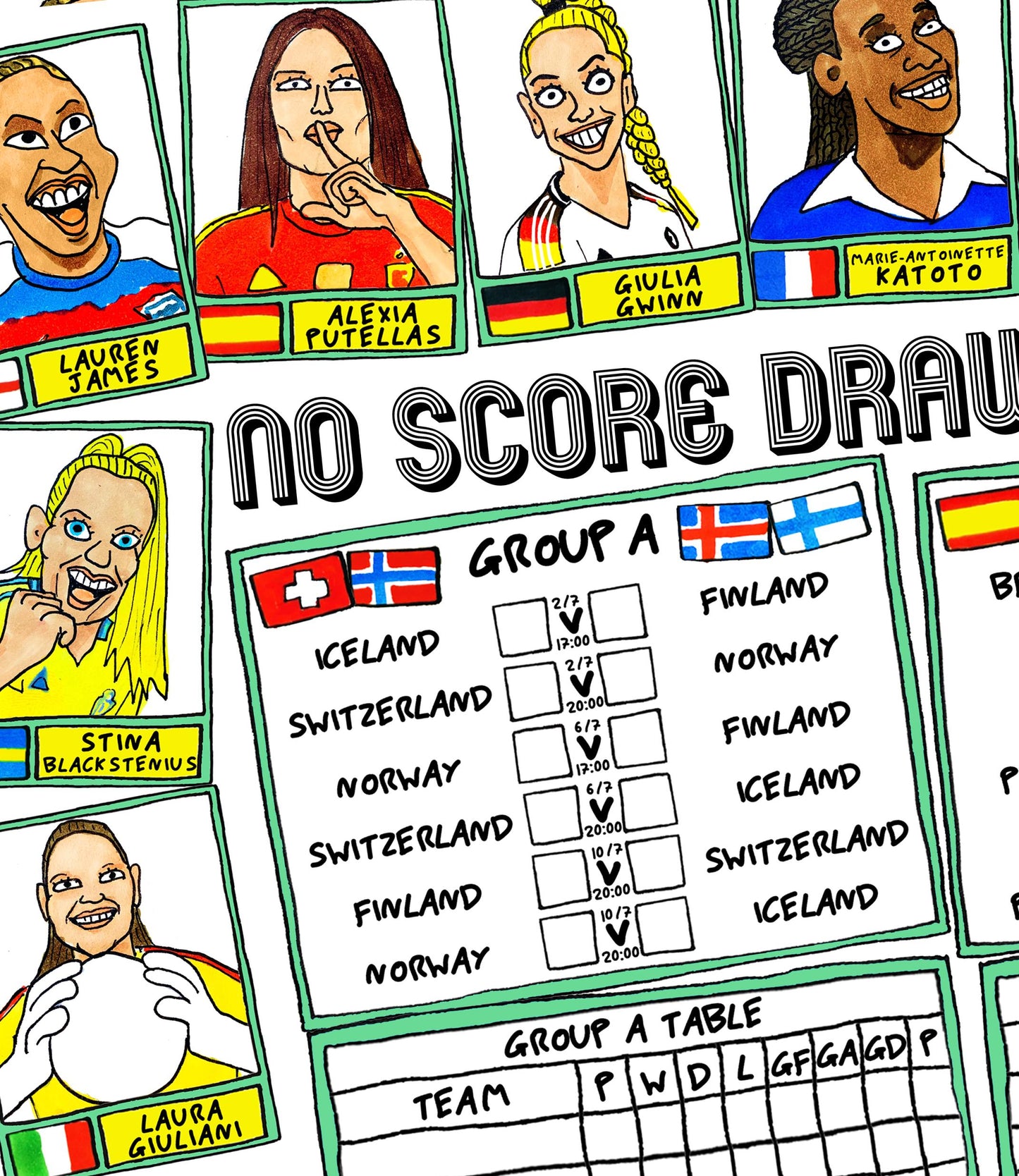 Euro 2024 Wallchart - A2 Poster No Score Draws Euro 2024 UEFA Euros Wall Chart -Featuring 32 Wonky Hand-Drawn Panini-style Euro2024 Doodles
