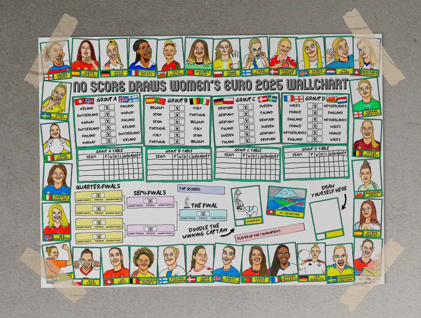 Euro 2024 Wallchart - A2 Poster No Score Draws Euro 2024 UEFA Euros Wall Chart -Featuring 32 Wonky Hand-Drawn Panini-style Euro2024 Doodles