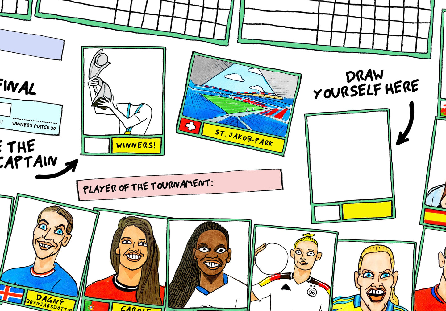 Euro 2024 Wallchart - A2 Poster No Score Draws Euro 2024 UEFA Euros Wall Chart -Featuring 32 Wonky Hand-Drawn Panini-style Euro2024 Doodles