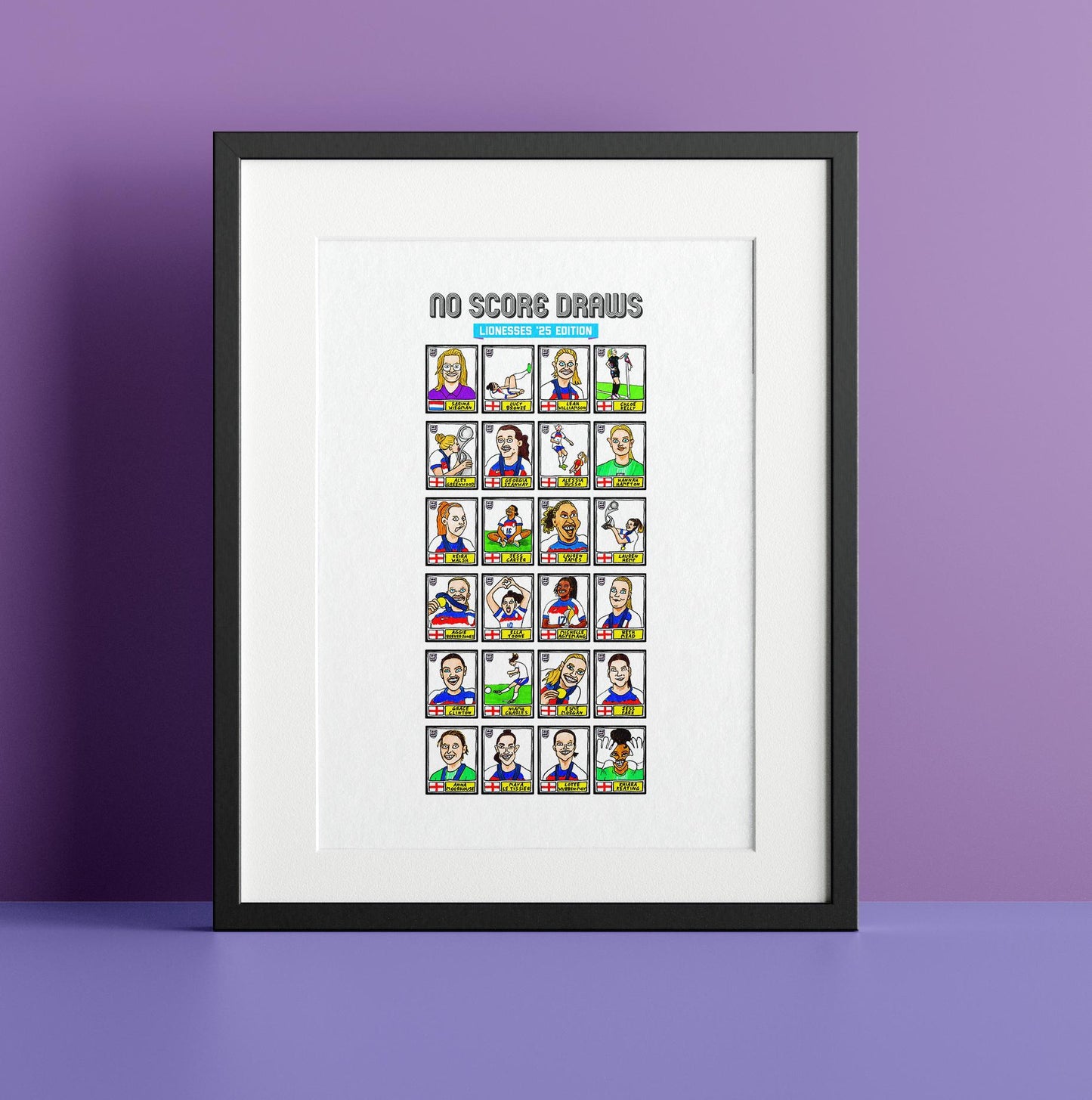 England Lionesses Vol 3 - No Score Draws Lionesses '25 Edition - A3 print of 24 wonky Panini-doodles of England Women's Euro 2025 WINNERS