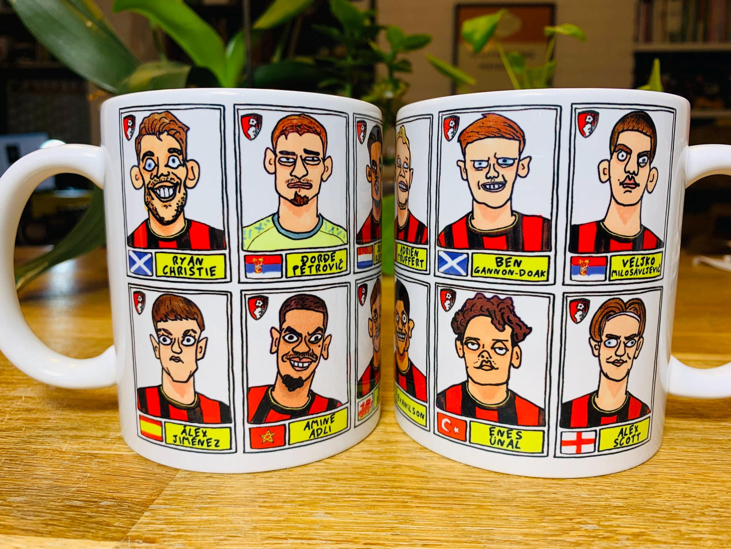 Bournemouth Volume 2 - Cherries 24-25 No Score Draws Mug Set - Set of TWO DIFFERENT 11oz Ceramic Mugs with Wonky Panini-style AFCB Doodles