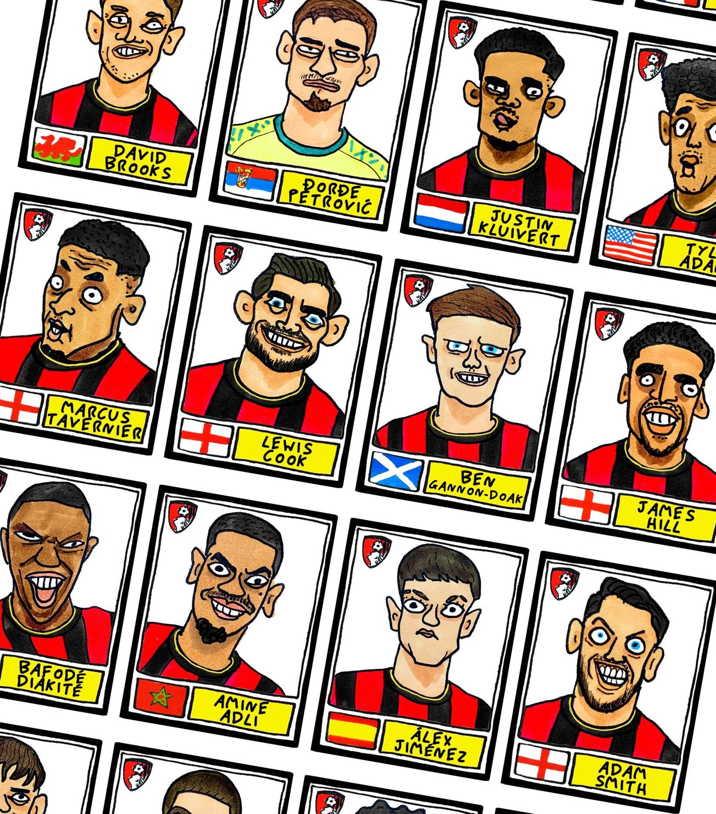 Bournemouth Volume 2 - No Score Draws Cherries 24-25 Edition - A3 print of 24 Wonky Panini-style football doodles of Iraola's AFCB Side