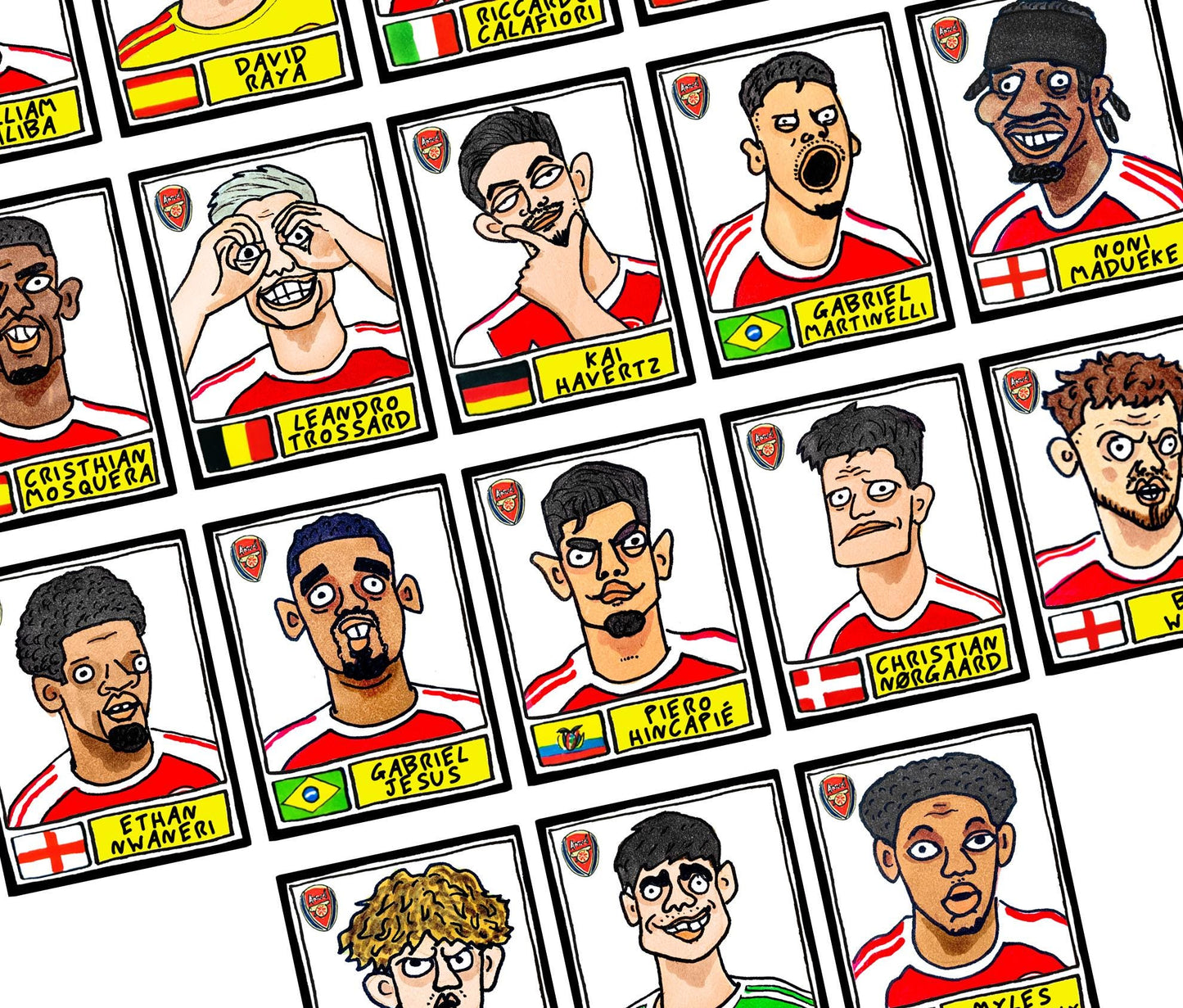 Arsenal Vol 5 - No Score Draws Gunners 25/26 Edition - A3 print of 26 hand-drawn Panini-style wonky doodles of Arteta's Arsenal 25/26 Team