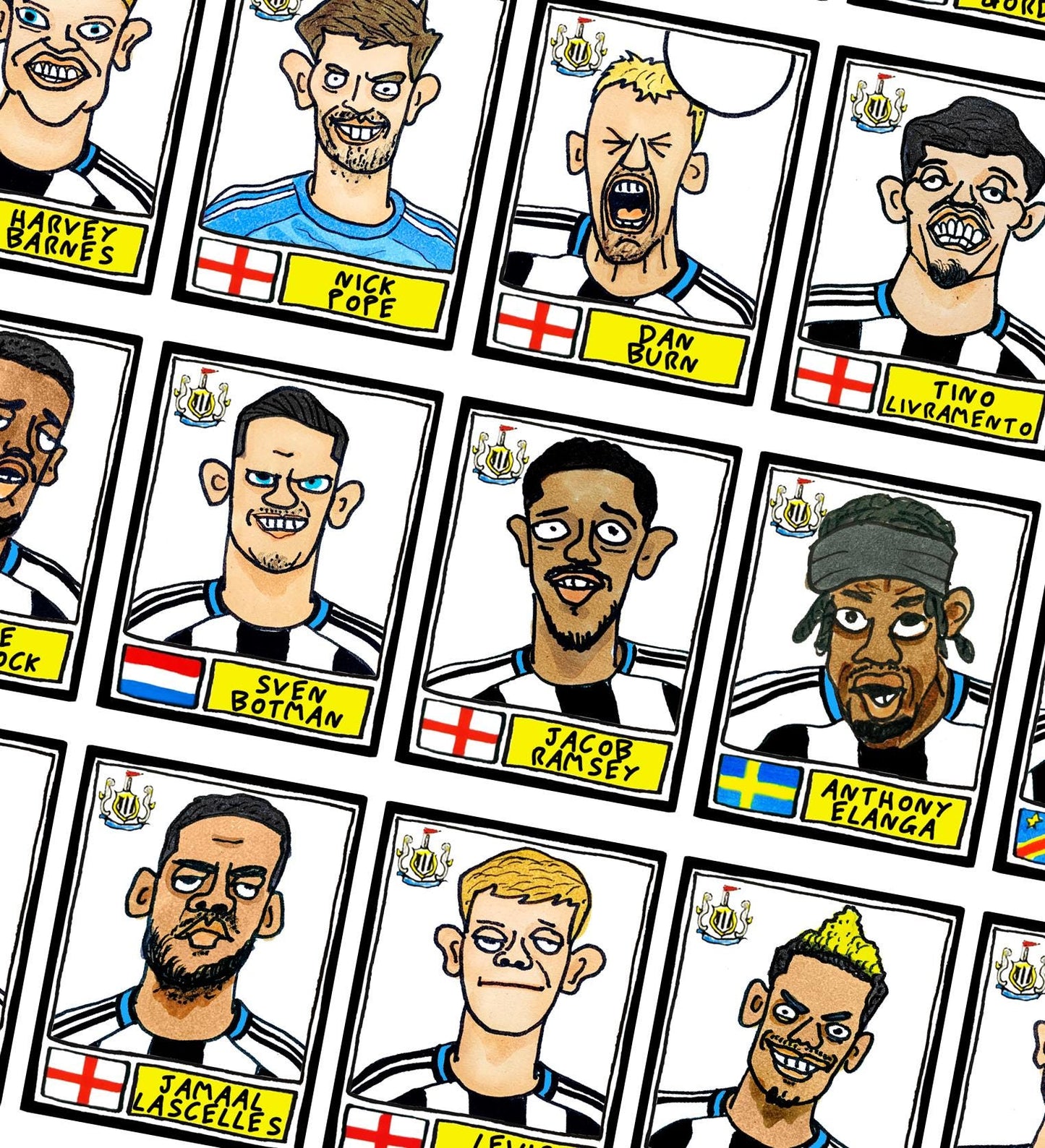 Newcastle United 25/26 - No Score Draws Toon Edition - A3 Print Of 26 Wonky No Score Draws Panini-style Doodles Of NUFC's 25/26 Magpies