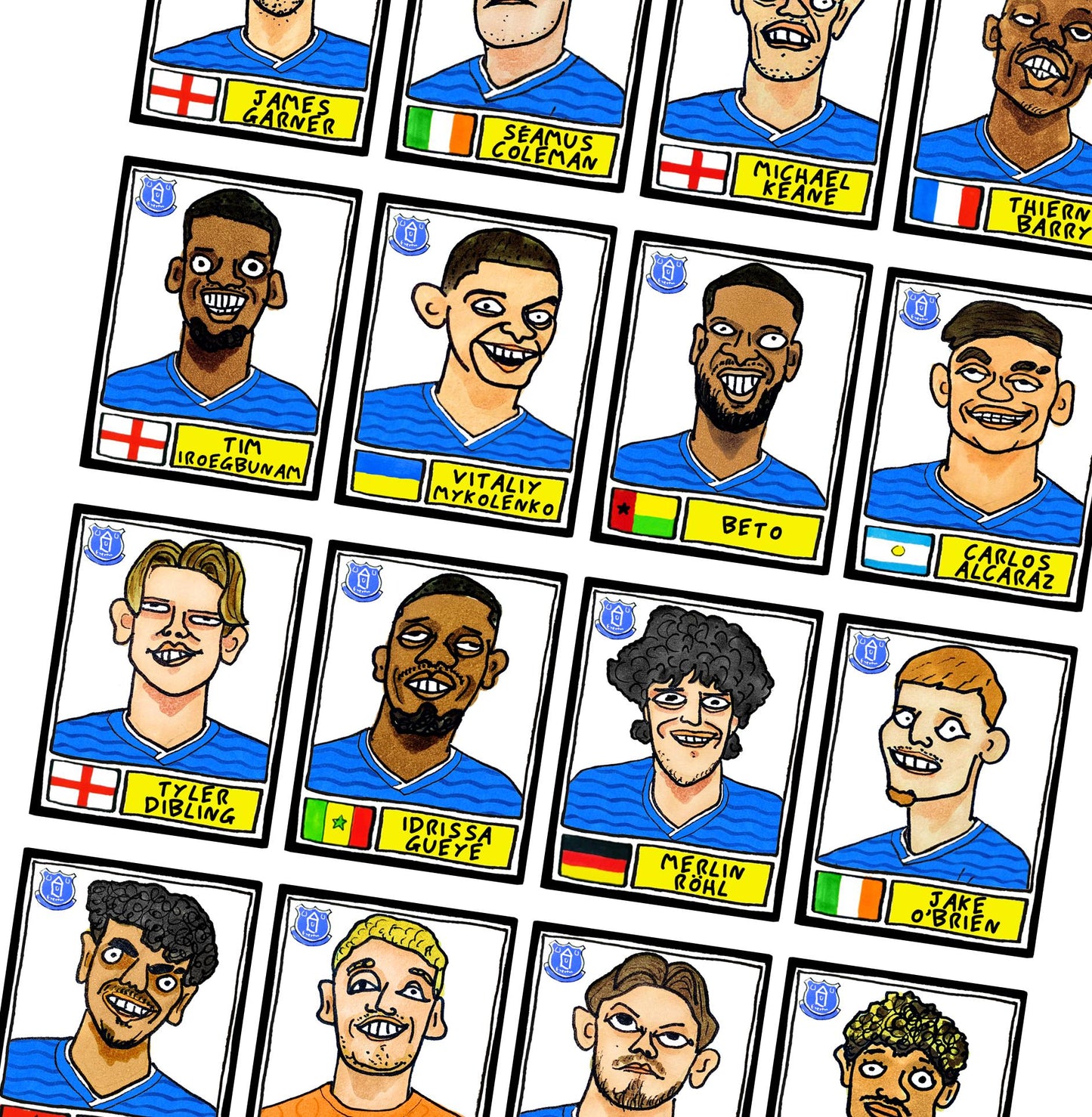Everton Vol 2 - No Score Draws Toffees 24/25 Edition - A3 print of 26 Wonky Panini-Style No Score Draws Doodles Of David Moyes's EFC Squad