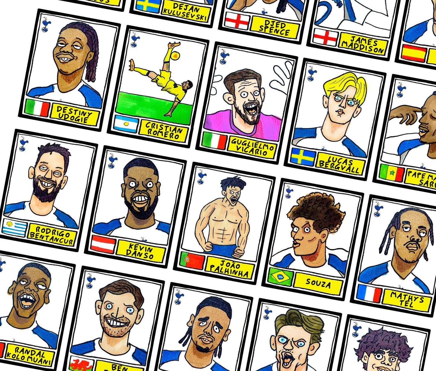 Spurs 25/26 - No Score Draws COYS 25/26 Edition - A3 print of 28 Wonky Panini-style Football Doodles of Tottenham Hotspur's 25/26 Squad